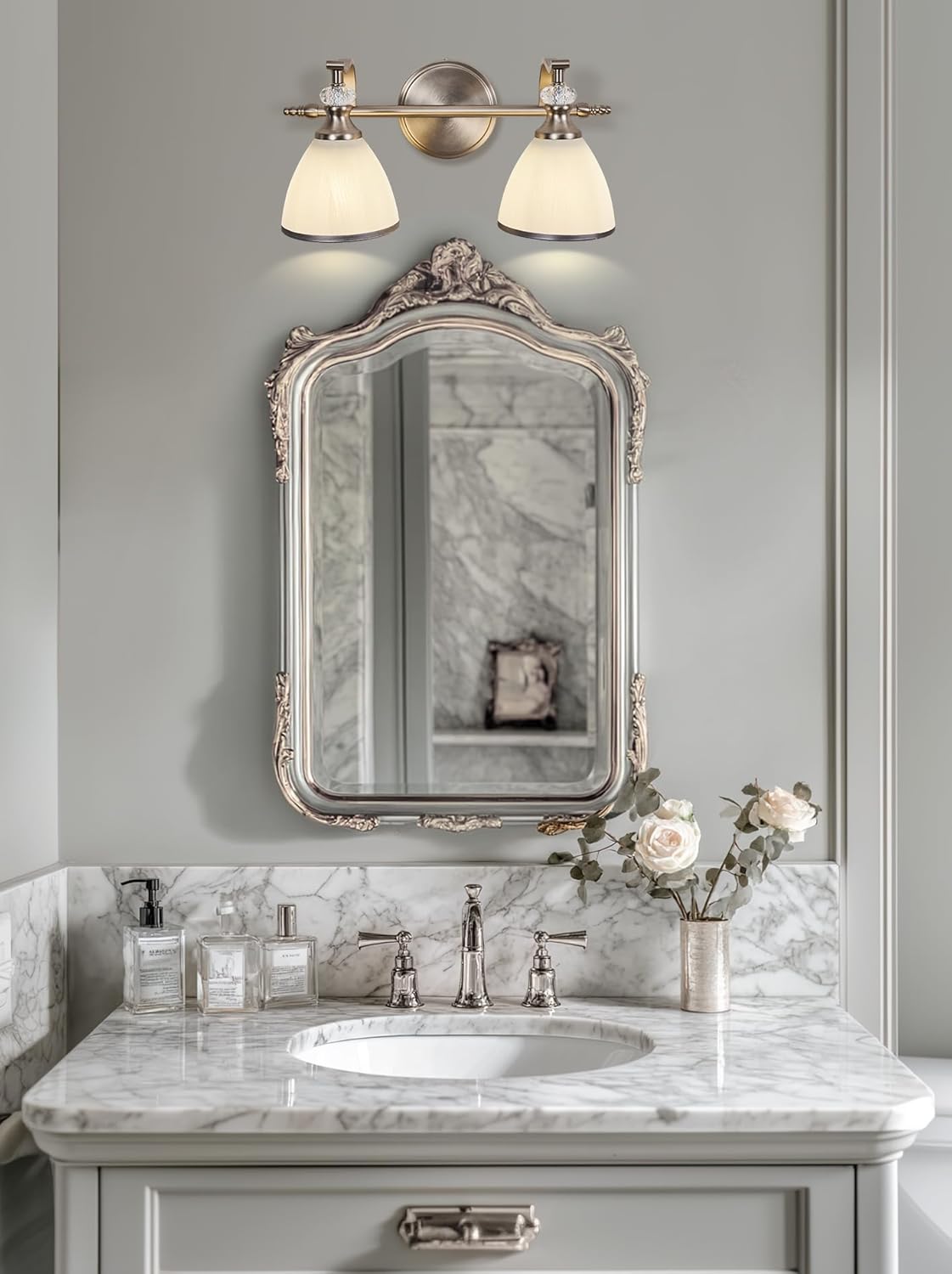 ANDY STAR Brushed Nickel Vanity Light, 2-Light Bathroom Light Fixtures with Milky White Bell-Shape Glass Shades, Eye-Friendly Bathroom Wall Lamp for Mirror, Kitchen, Bedroom, Hallway