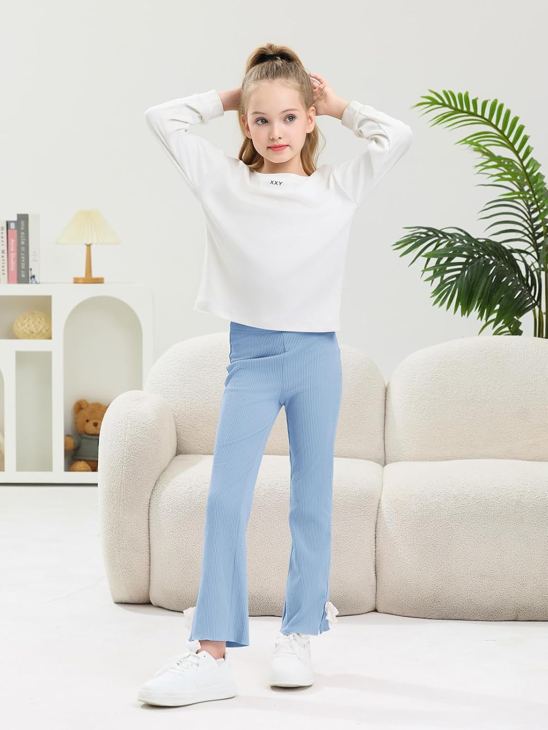 Haloumoning Toddler Baby Girl Flare Pants Kids Ribbed Elastic Waist Leggings Bowtie Bell Bottom 2-10T