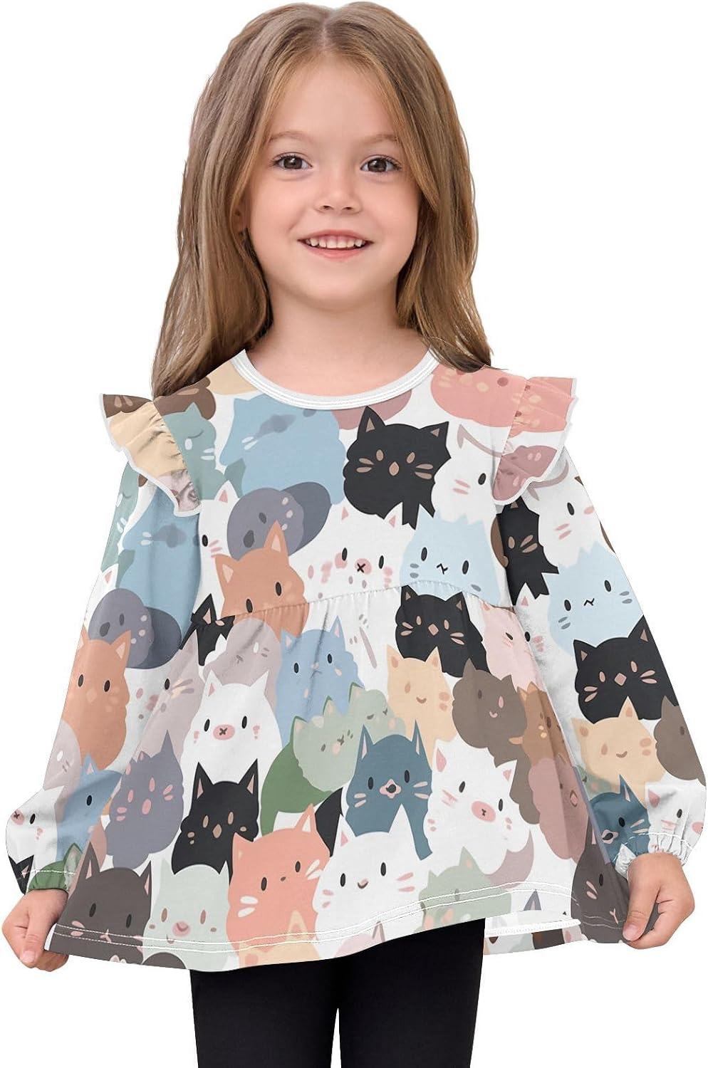 visesunny Toddler Clothes for Girls Cute Fluffy Cat Long Sleeve Fall Shirts Cotton Top with Ruffle Collar