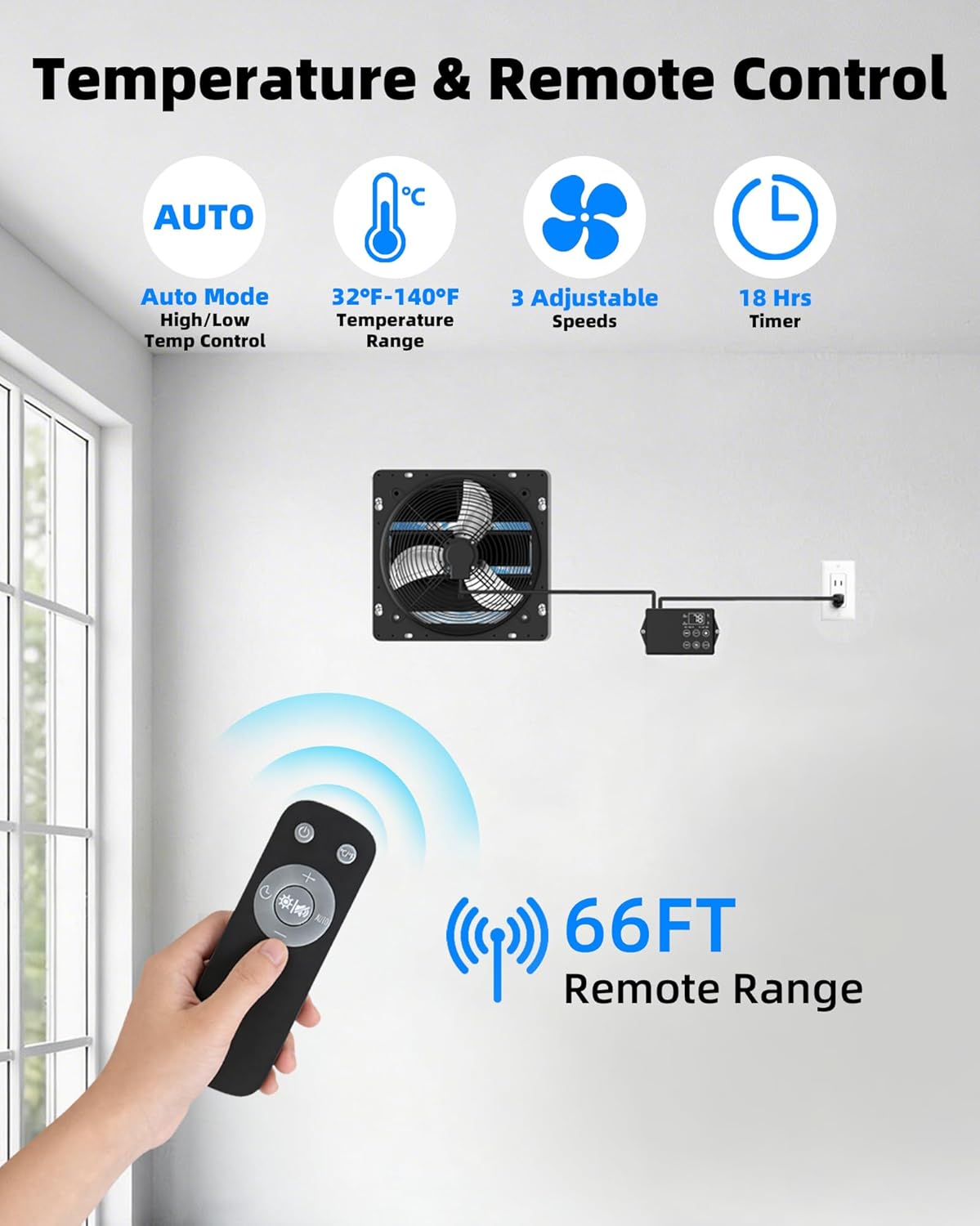 8'' Upgraded Shutter Exhaust Fan with Thermostat & Remote, 760 CFM Wall Mounted Attic Exhaust Fan, Auto On/Off by Temperature for Garage, Greenhouses, Sheds, Chicken Coops & Basement