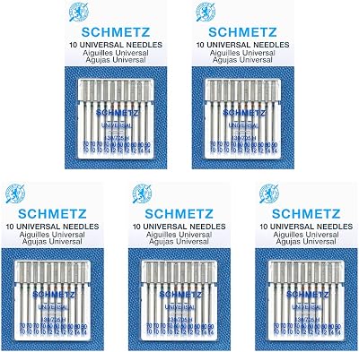 SCHMETZ Universal Sewing Machine Needles - Assorted Sizes, 10 Needle Card, Pack of 5