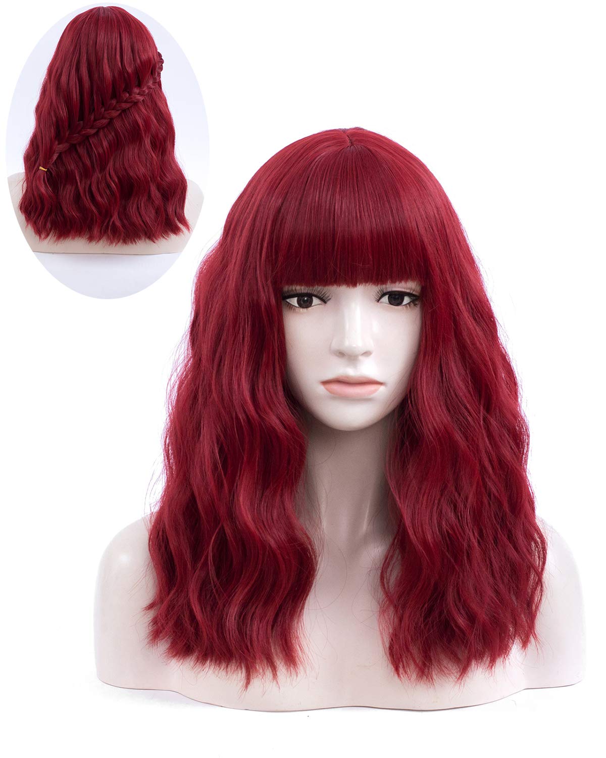 Iciwueen Red Wig for Women, 18” Long Curly Wavy Wig with Bangs Natural Looking Premium Heat Resistant Synthetic Wigs for Girls Lady Cosplay Party Daily Wear