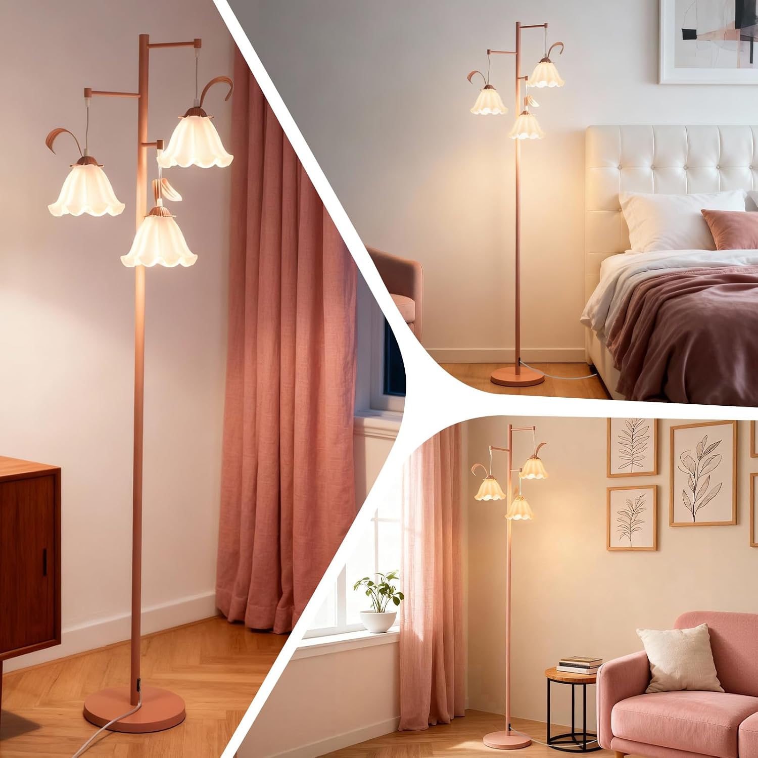 ZidDolk Pink Flower Floor Lamp, Cute Standing Lamp with Glass Shade, Kids Floral Tall Lamp with Foot Switch, 3 Light Lotus Floor Lamp for Living Room, Elegant Corner Lamp for Girls Bedroom Reading