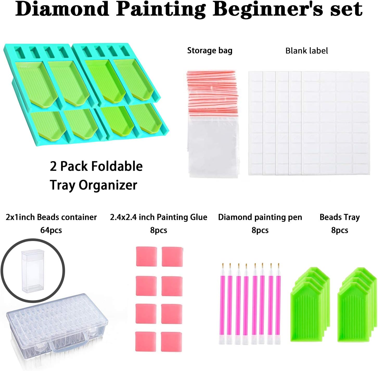 Diamond Painting Tools Accessories Kits Drill Storage Container 64 Grids with 2pack Foldable Tray Organizer Portable Plastic Bead Storage Box
