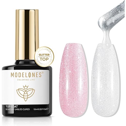 modelones Glitter Gel Top Coat, Ultra Fine White Aurora Clear Glitter Gel Polish Glossy Sparkle Finish Long Lasting Soak Off Pearlescent Shimmer Manicure Nail Art Gift for Women Girls