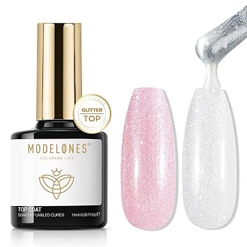 modelones Glitter Gel Top Coat Ultra-Fine White Aurora No Wipe Glossy | Sparkle Finish Sheer Shimmer Topper Gel Pearlescent Overlay for Any Nail Color Long Lasting U V Cure Manicure Gift for Women