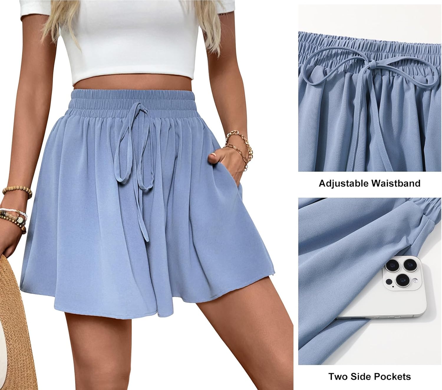 レディース カジュアルショーツ ワイドレッグ 流れるような速乾性 サマーショーツ ストレッチ 引き紐付き ハイウエストショーツ ポケ