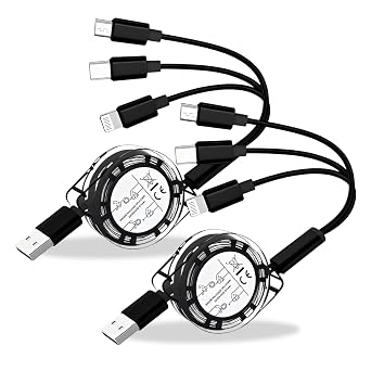 2 Pack Multi Charger Cable 1M/3A/2Pack Fast Charging Retractable USB C Cable with USB Connectors, 1M Universal Retractable Charger Lead for Charging Multiple Devices Anywhere