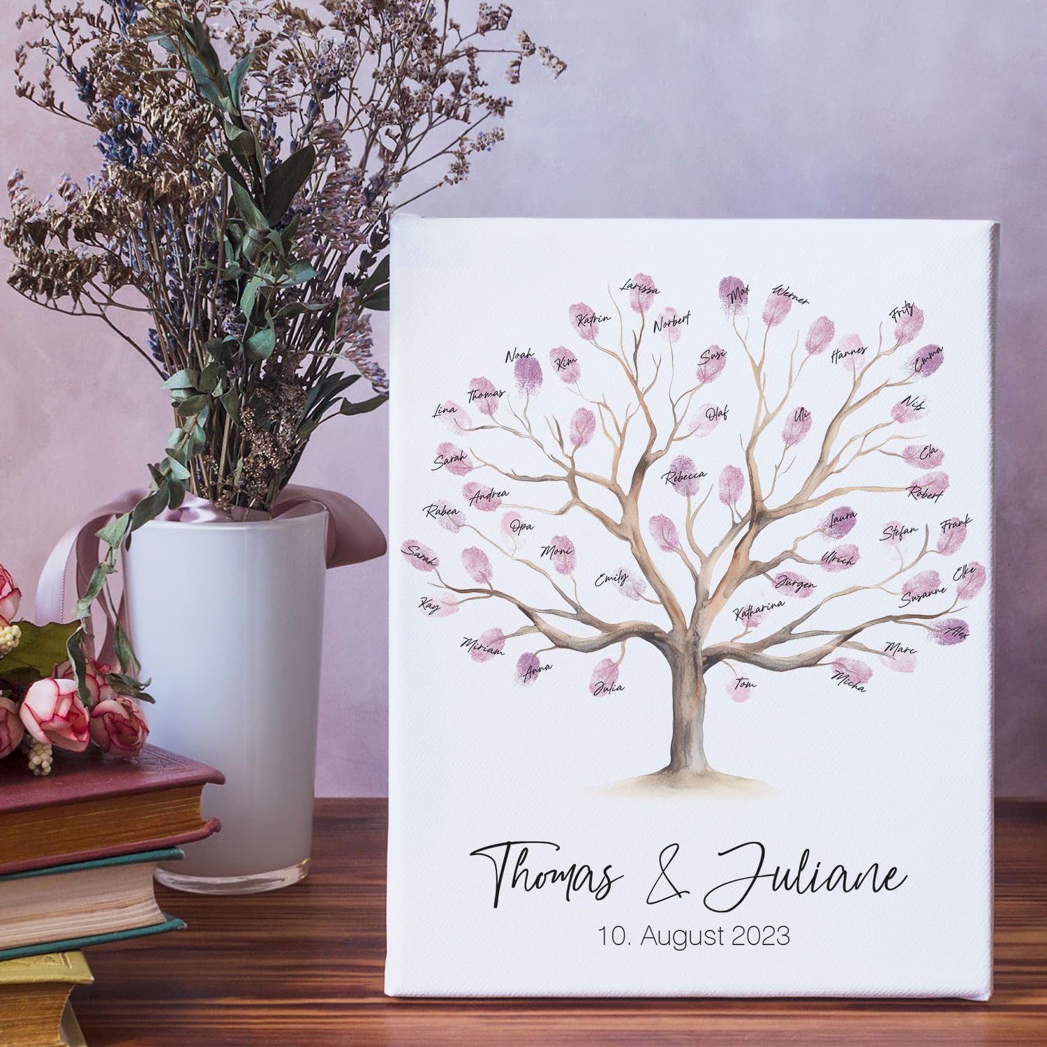 GRAVURZEILE Tela stampata, albero di nozze, personalizzabile, con nome e data, libro degli ospiti con impronte digitali, regalo di nozze personalizzato, regalo per gli sposi, 30 x 40 cm