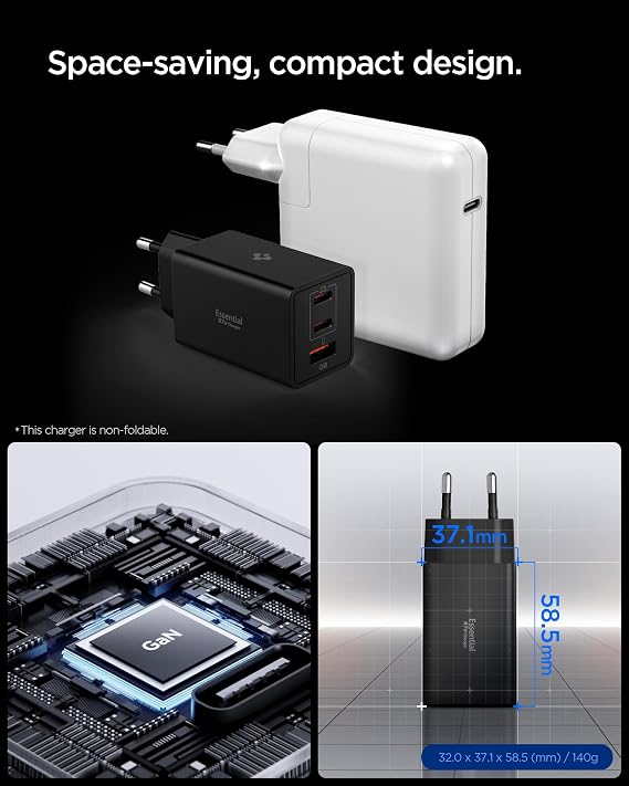 Spigen 67W USB-C + USB-A 3 Port Hızlı Şarj Aleti PPS 3.0 Super Hızlı Şarj GaN Pro Isı Düşürücü Güç Adaptörü Akım Koruma iPhone & Android & iPad & MacBook Type-C Siyah - ACH09458 (Spigen TR Garantili) | PPS Hızlı Şarj Cihazı, iPhone 17, Samsung Galaxy S26/Z Fold 8, Google Pixel 11 Pro XL Fold için PD 3.0 Power Charger Adaptörü
