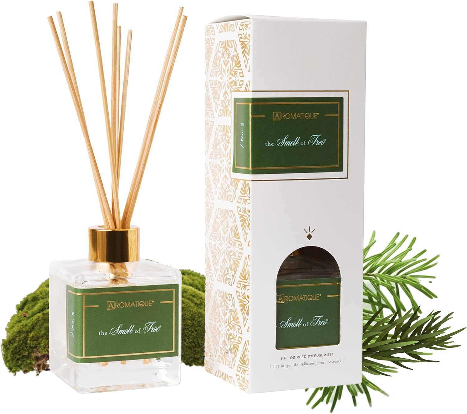 Aromatique The Smell of Tree Reed Diffuser Set - Fall Scented Home Fragrance with Pine, Cedarleaf, Fir Balsam, Bayleaf, Clove, Moss – Decorative Bottle & Reeds – Long-Lasting Flameless Aroma – 5 fl oz