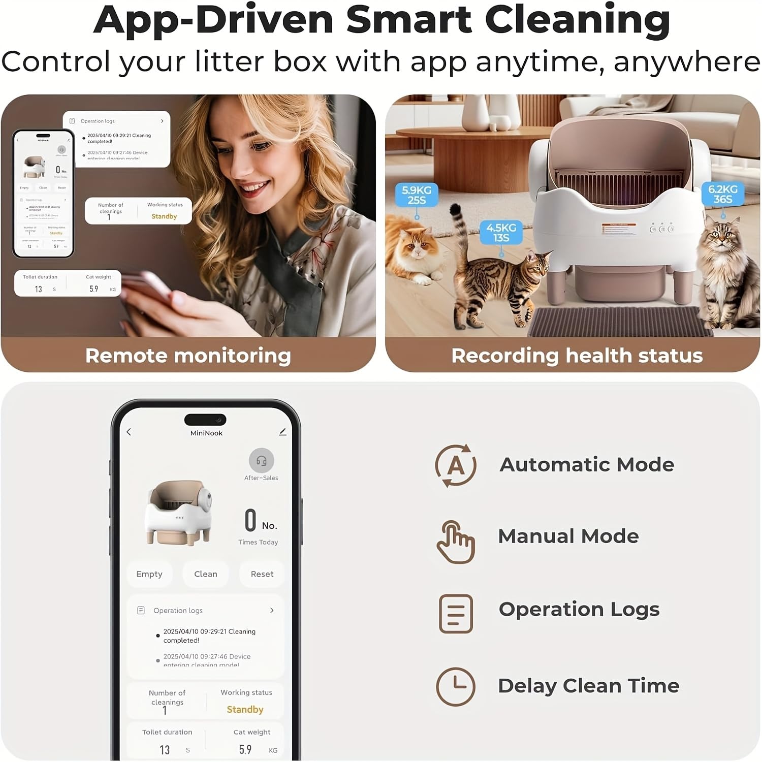 Extra-large Smart Self-cleaning Cat Litter Box, Smart Litter Box With App-Controlled Automatic Cleaner, Built-in Ambient Light & Dual Odor Elimination, 2-Week Automatic Maintenance, Large Waste Bin