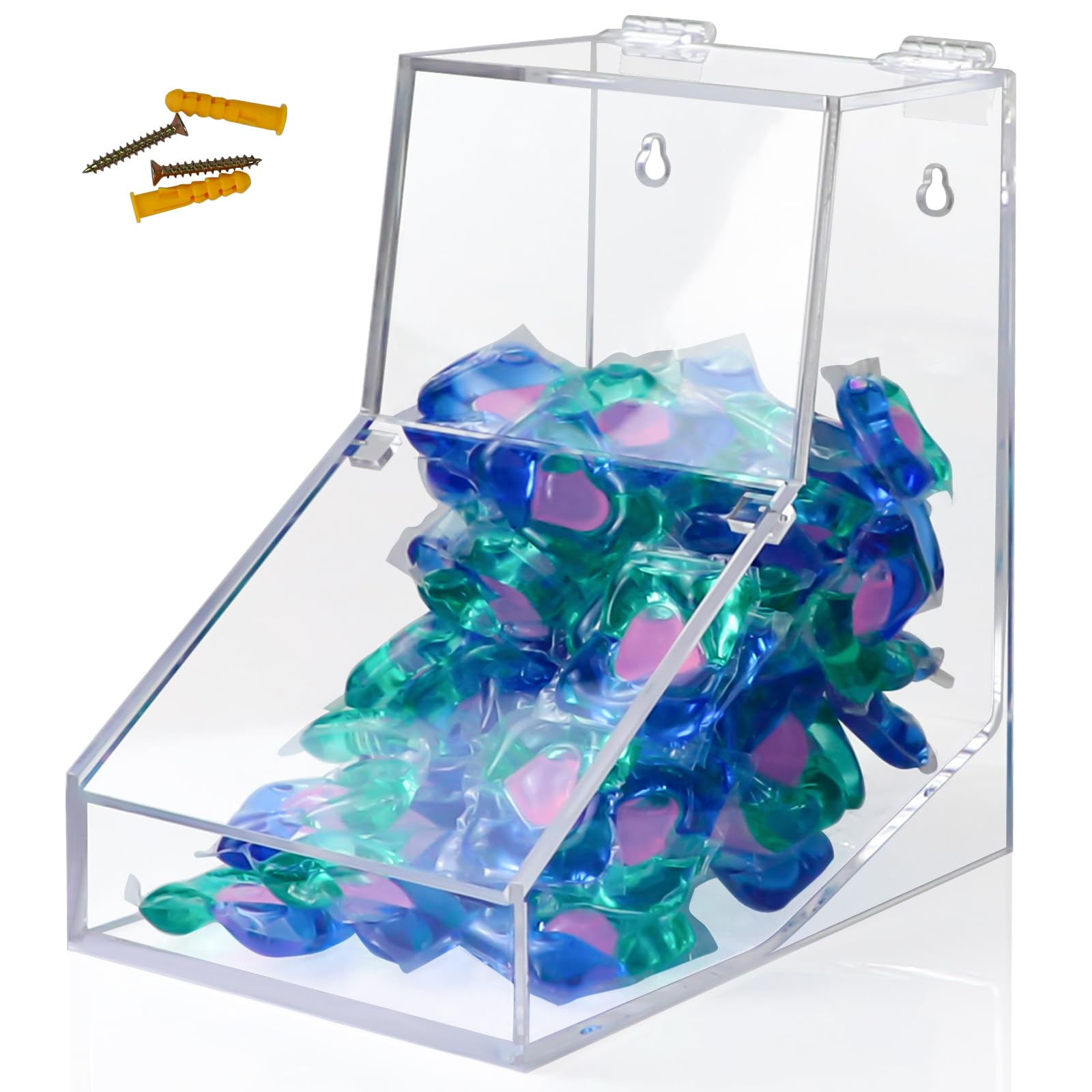 Acrylic Laundry Pods Container with 2 Lids, Candy Dispenser, Dishwasher Pod Holder Organization for Home, Laundry Room, Kitchen Stand or Wall Mount