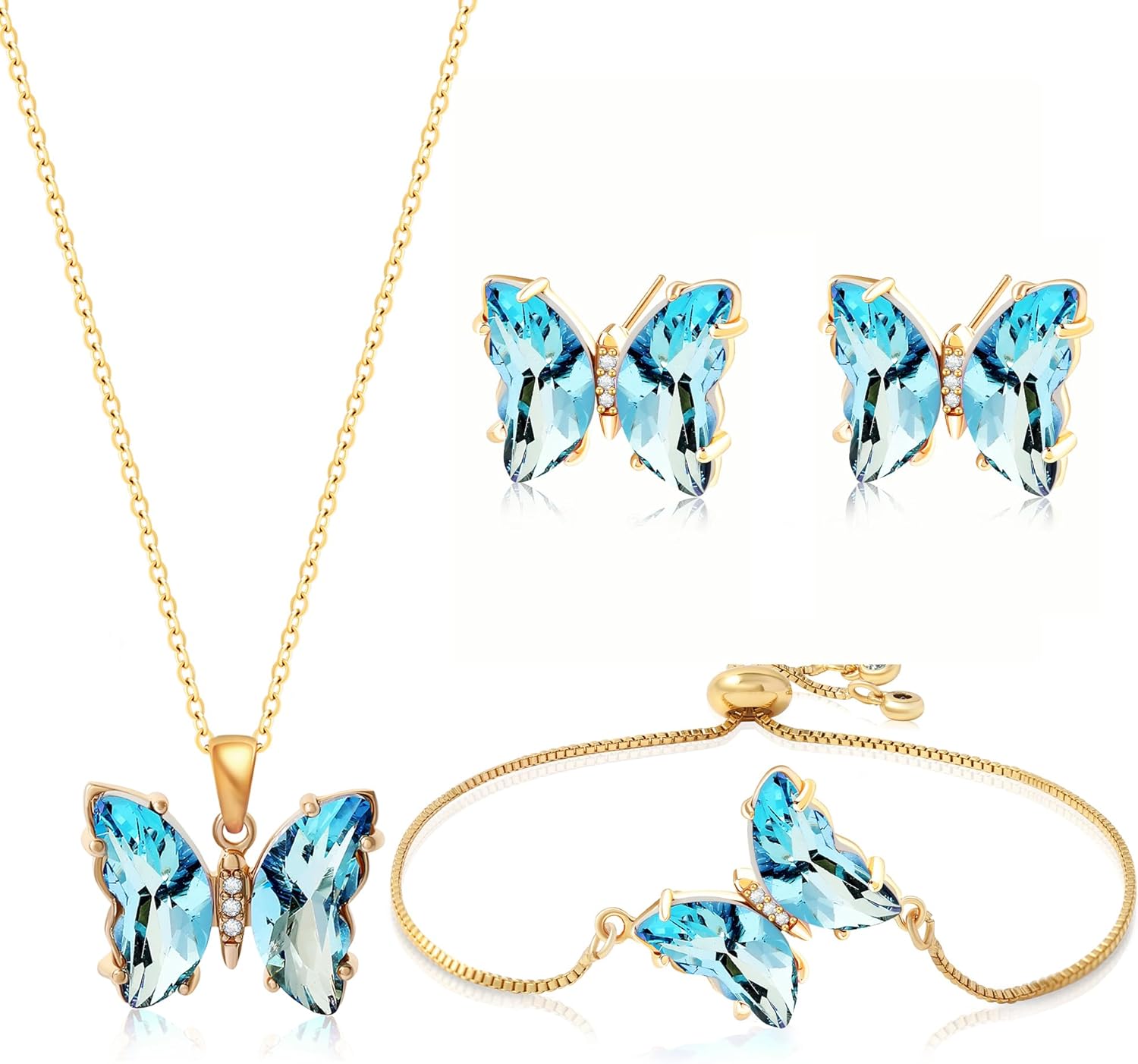 Butterfly Crystal Jewelry Set with Butterfly Necklace Stud Earrings Bolo Bracelet Adjustable Ring for Women Trendy, Iridescent Y2K Dainty Butterfly Jewelry Gifts