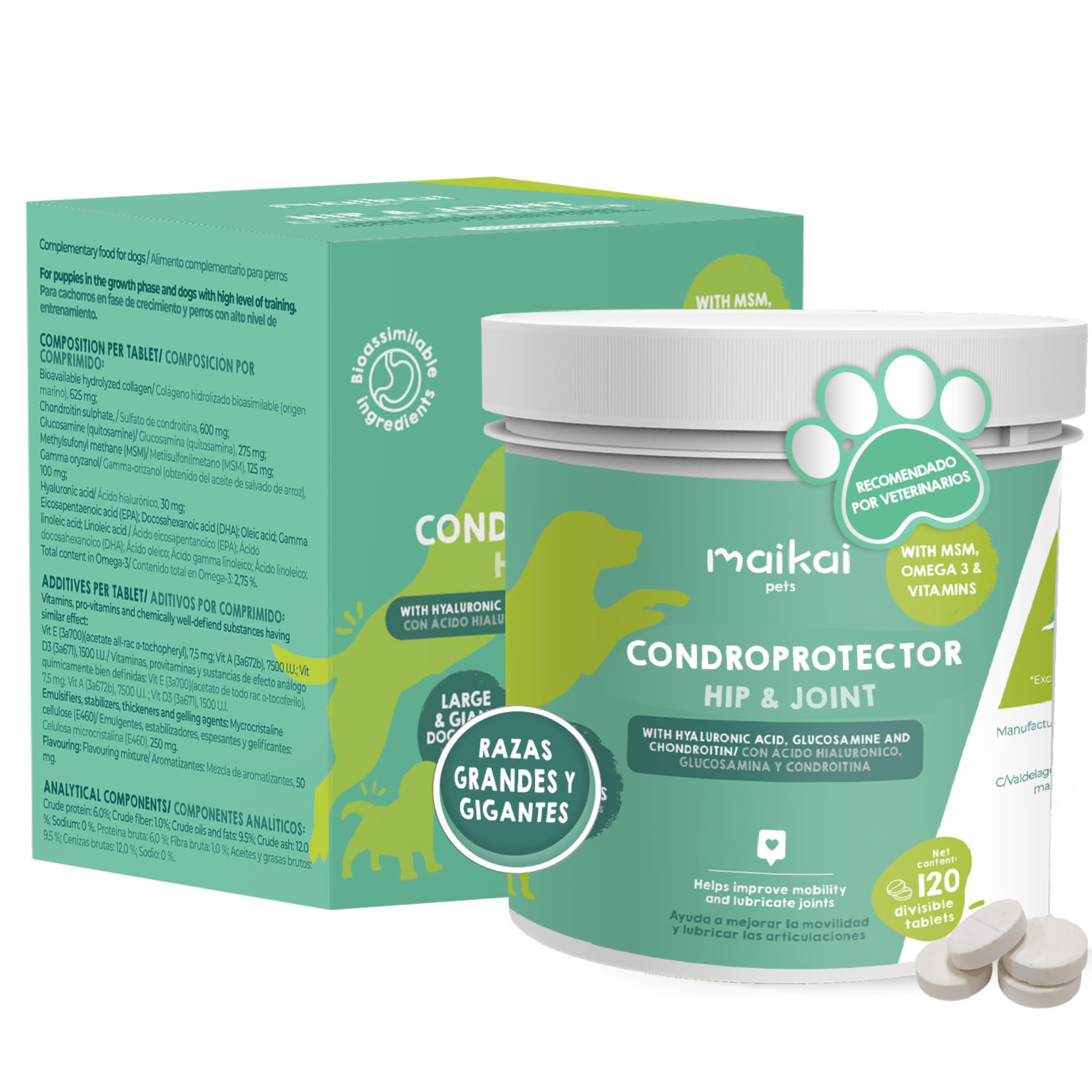 MAIKAI Condroprotector Perros Grandes y Gigantes – 120 Comprimidos – Glucosamina + Condroitina + MSM + Ácido Hialurónico – Articulaciones + Antiinflamatorio Natural