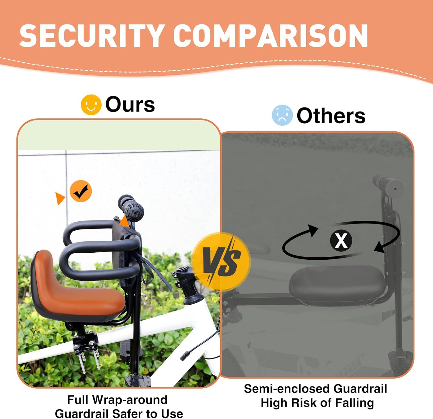 Child Bike Seat - Front Mount, Kids Bike Seat for Adult Bike,Retractable Baby Bike Seat Front Mounted, Toddler Bike Seat for Children 8 Months~4+ Years Old, Brown/Black