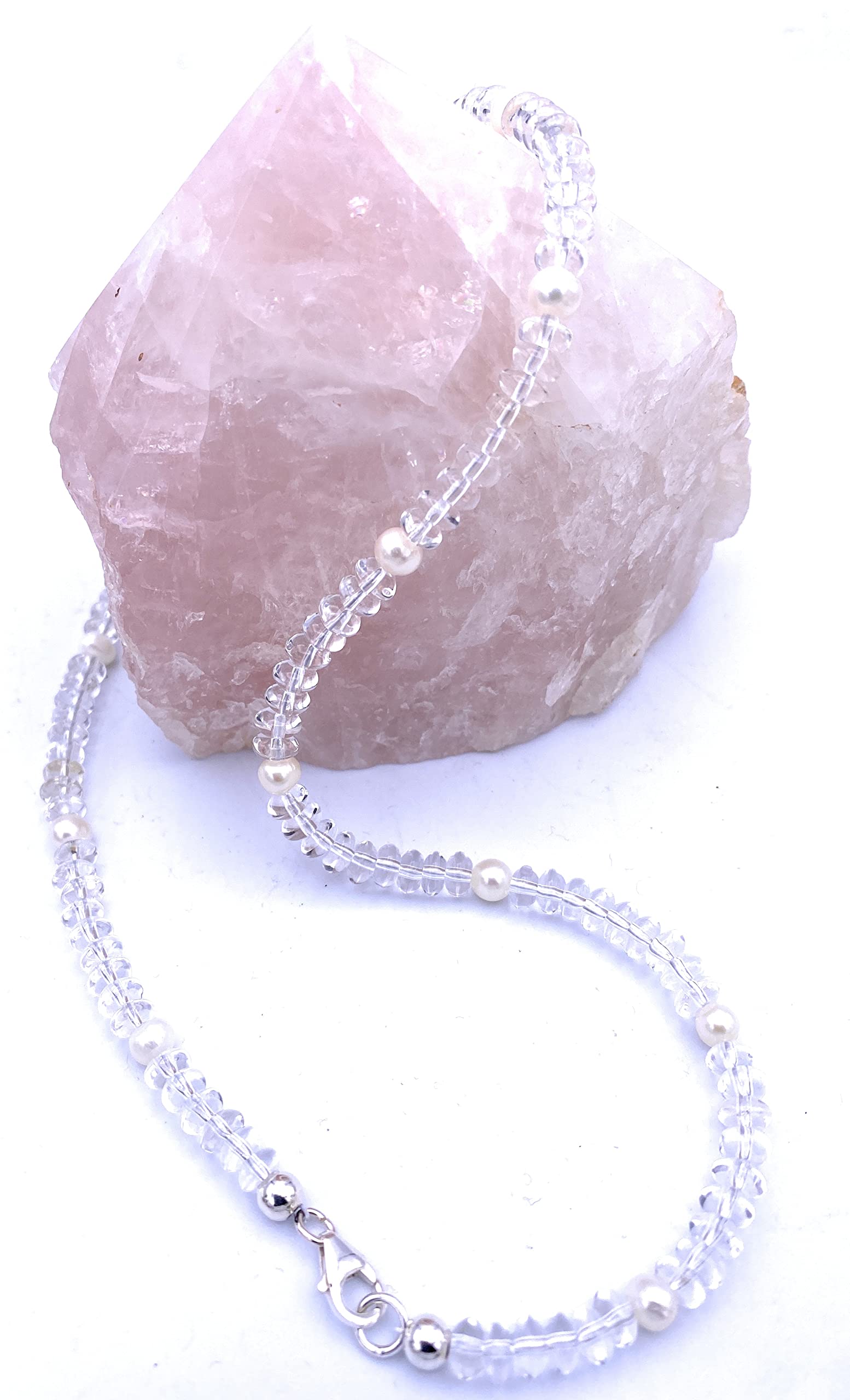 Bergkristall Schmuck (Halskette) Bergkristall Kette mit Süßwasserperlen Verschluss 925er Sterling-Silber Modellnummer 255A