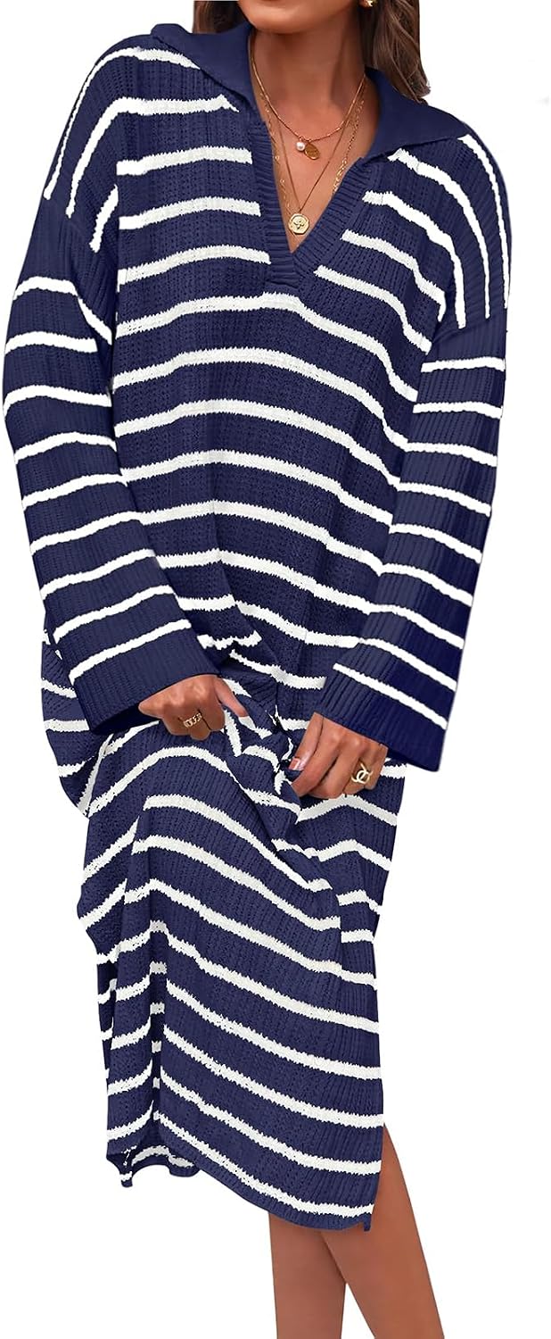 Kubbon Womens Fall Dresses Striped Sweater Dress Casual Long Sleeve Oversized V Neck Knit Dress Side Slit Tunic Dresses