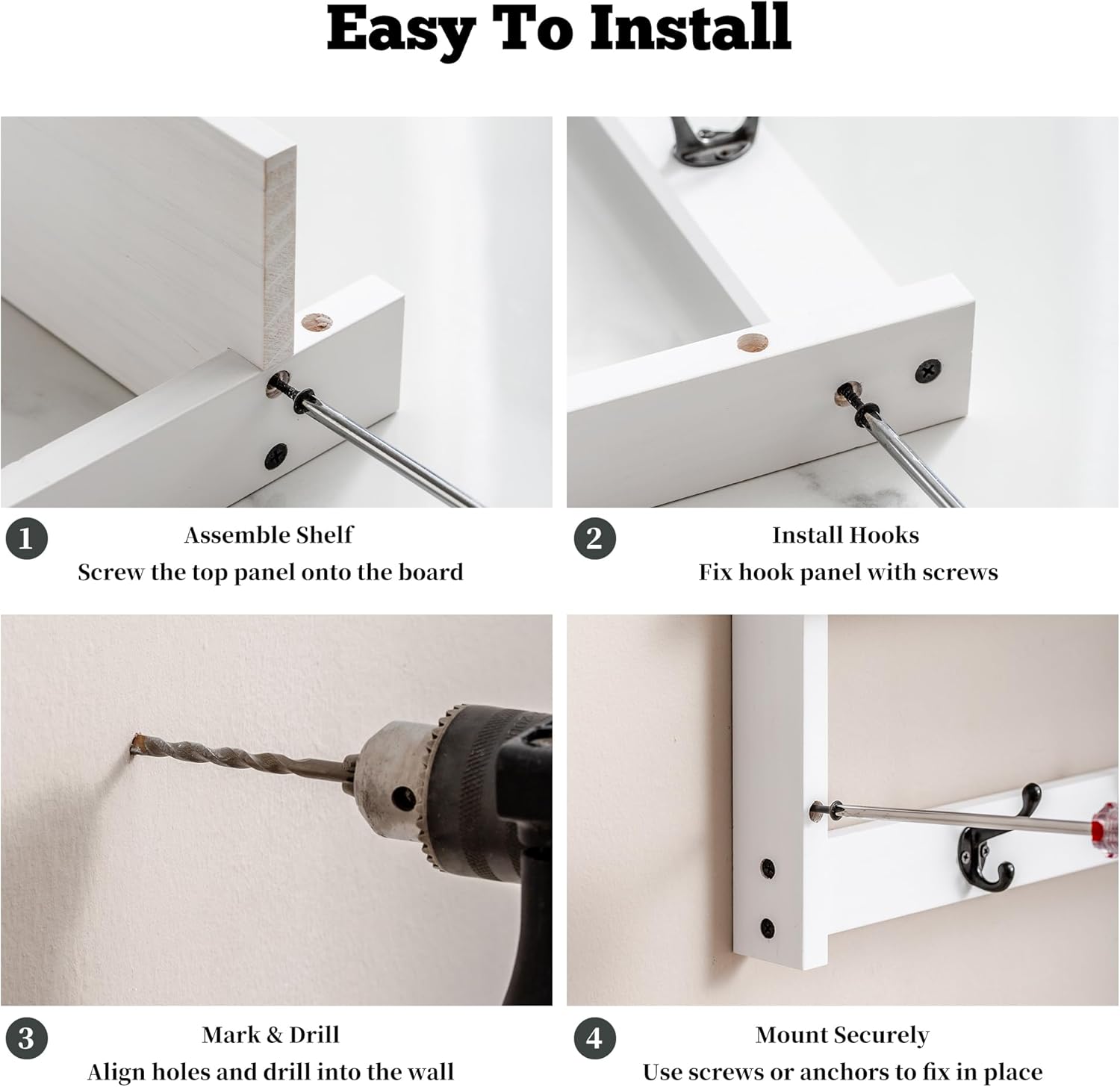 29Inch Wall Mounted Coat Rack with Hooks and Shelf - Large Rustic Wood Coat Hangers for Hats, Keys, Towels, Robes – Functional Entryway Wall Organizer for Bathroom, Kitchen, Mudroom (White)