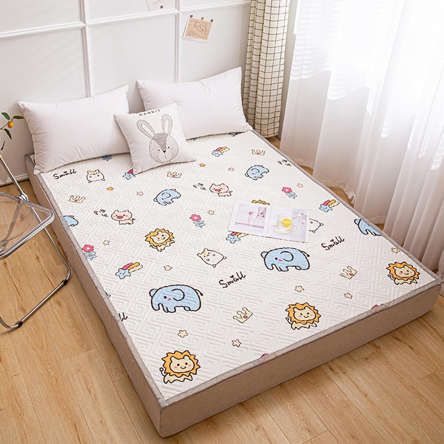 Twin Size Thin Mattress Protector with 4 Elastic Band Cooling Mattress Cover Cotton Mattress Topper Dust Anti-Slip Pattern Bedcover Student Dormitory Mattress Pad,D,150 * 200cm(queen)
