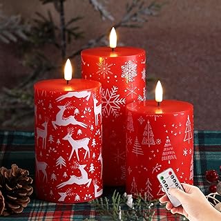 Eywamage Red Christmas Flameless Pillar Candles with Remote, Reindeer Snowflakes Tree LED Wax Candles Set of 3