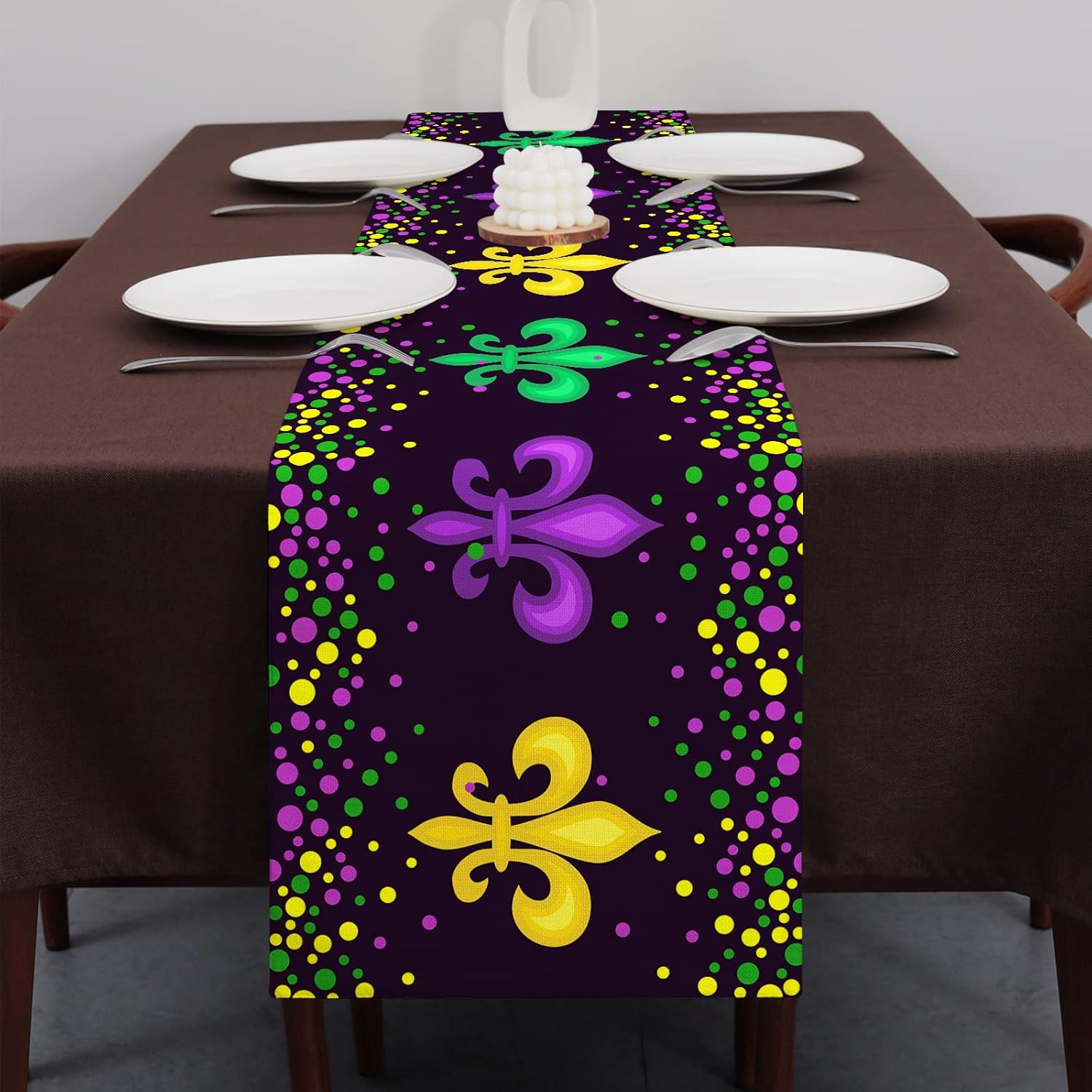 Mardi Gras Fleur De Lis Table Runner Carnival Purple Green Yellow Table Runners 72 Inches Long for Kitchen Dining Table Decoration Holiday Masquerade Party Indoor Outdoor Decor : Home & Kitchen