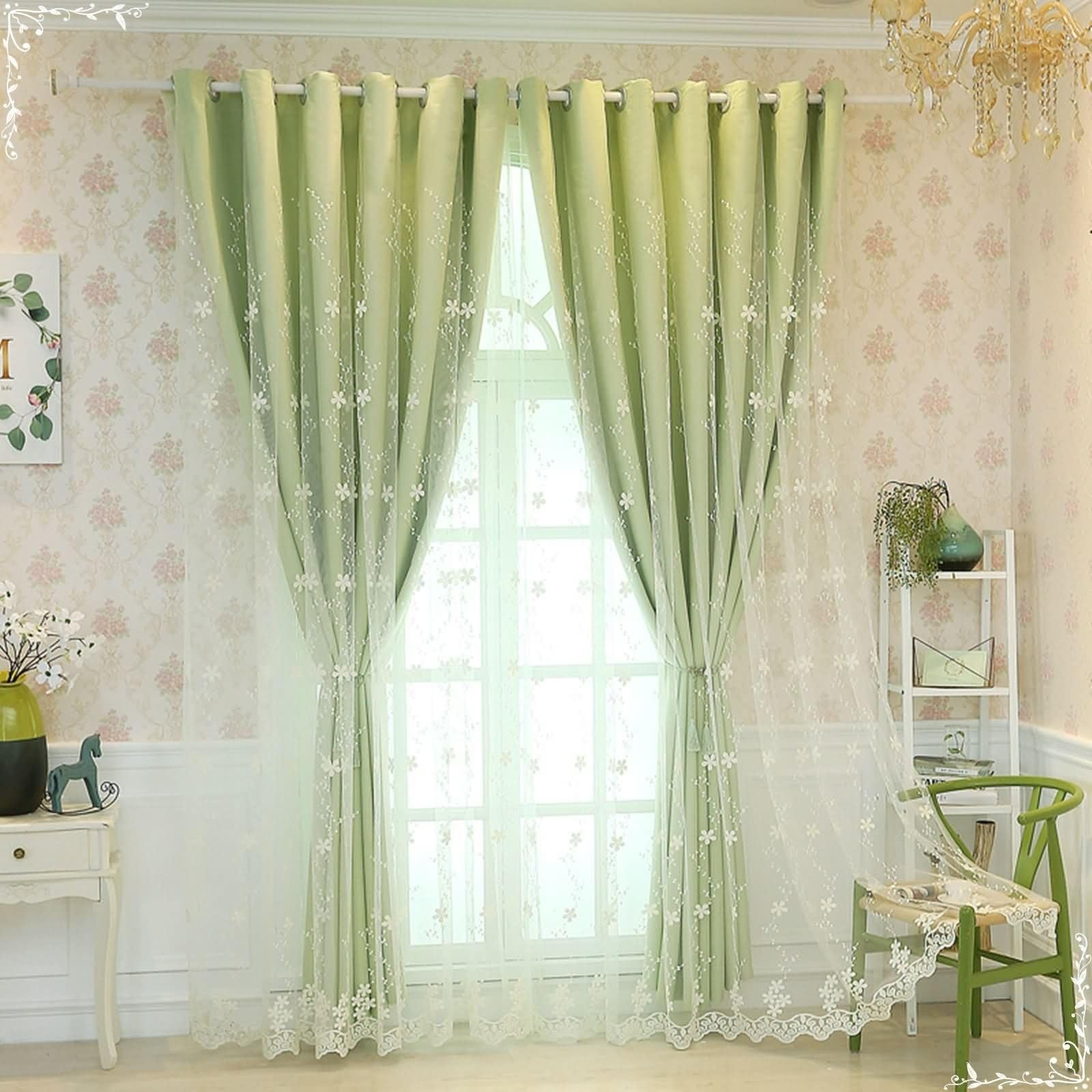 Rideau opaque occultant Beydodo lot de 2 vert uni avec voilage brodé pour chambre 107x138
