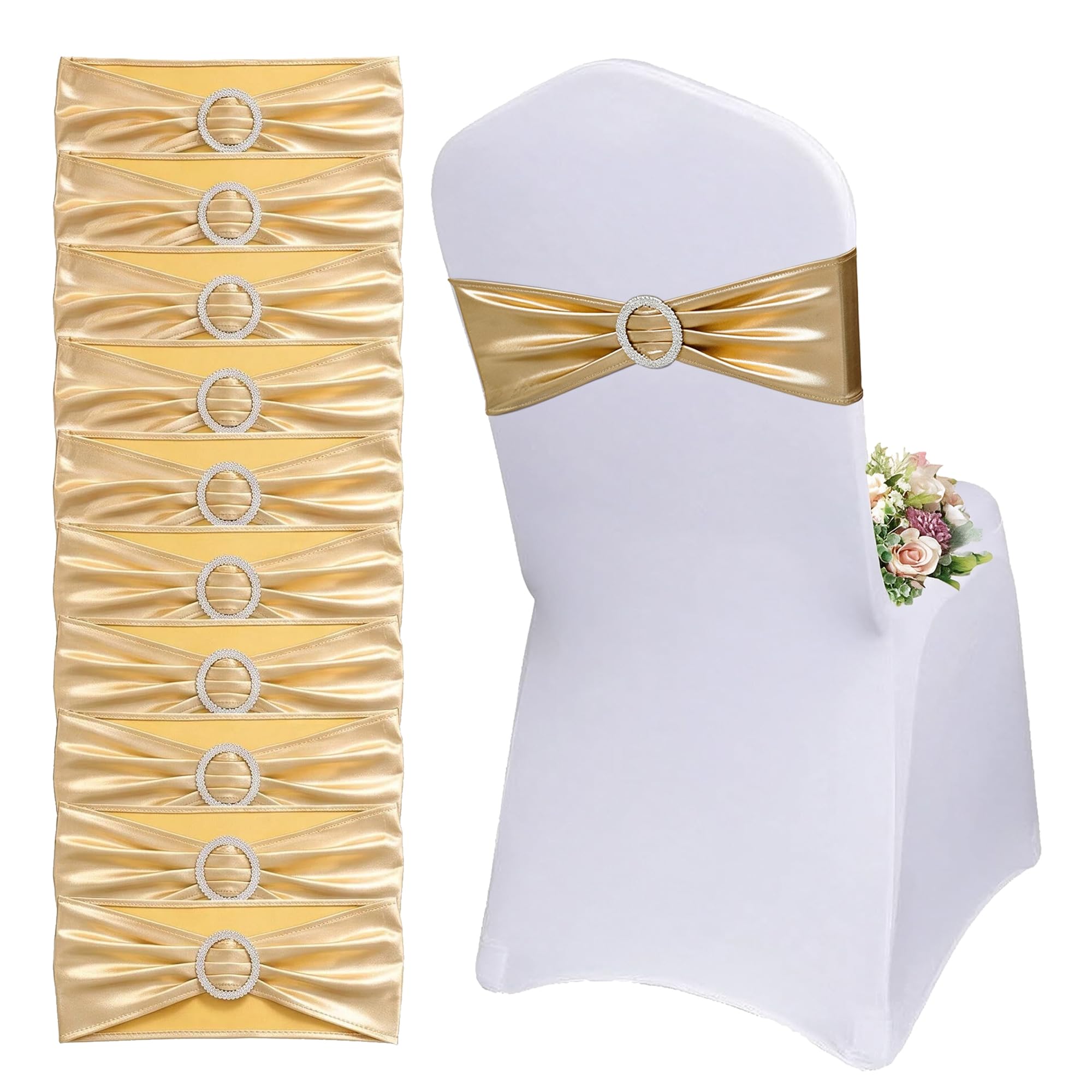 50 x Spandex-Stuhlschärpen Elastische Stuhl-Schärpen mit Schnalle&Schleife | Metallic Gold Stuhlschärpen Stuhlhussen Feier Dekoration für Hochzeit, Empfang, Bankett, Babyparty, 13 x 35cm