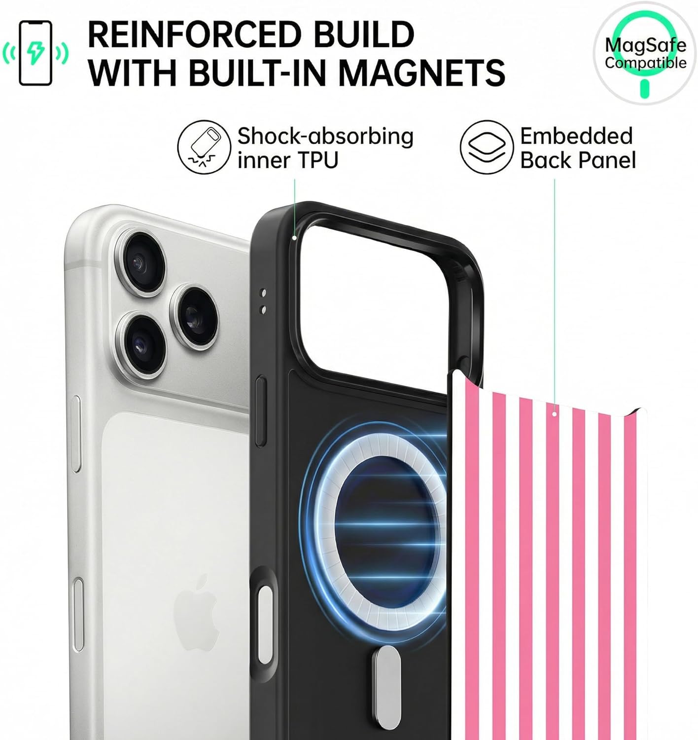 Magnetic Stripes Case for iPhone 17, Cute Aesthetic Striped Case for Women Men Girls, Compatible with MagSafe Slim Hard Shockproof Phone Case, Pink