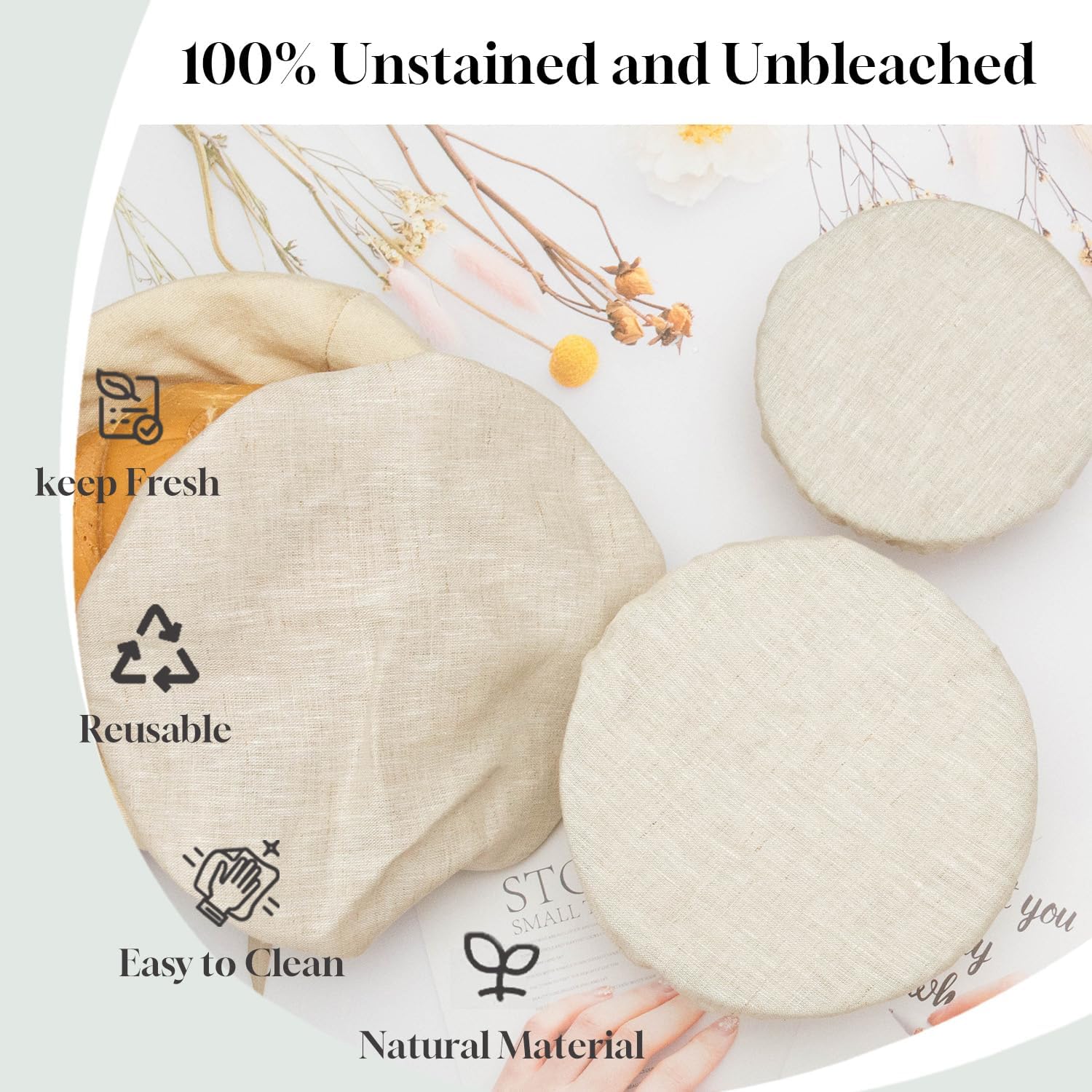 3 Pack 15CM 100% Pure Linen Bowl Covers, Elastic Organic Bowl Cover Lids, 100% Natural Organic Linen,Unbleached,Perfect for Soup Bowls, and Cereal Bowls