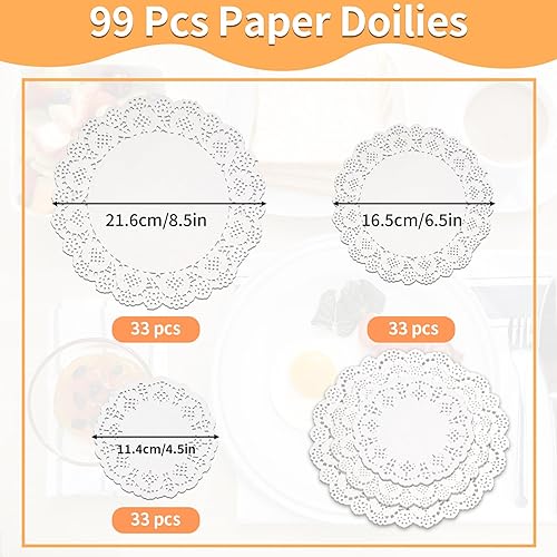 Miniatura 2 de Tapetes de papel de varios tamaños, 4.5 pulgadas, 6.5 pulgadas y 8.5 pulgadas para alimentos, 99 piezas desechables de encaje para mesas, manteles