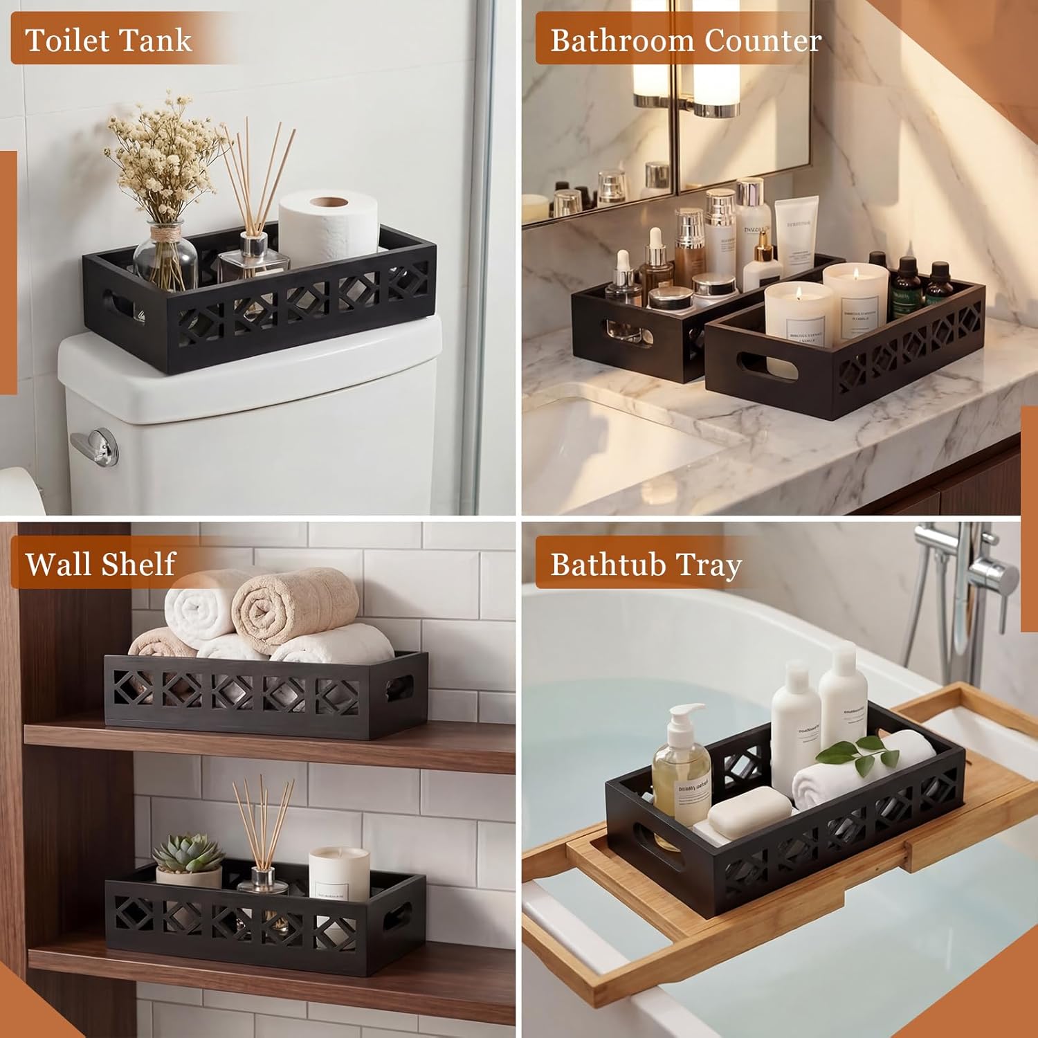 Qunclay 2 Pack Black Toilet Tank Baskets Wooden Toilet Tank Top Paper Baskets with Handle Rustic Hollow Bathroom Paper Organizer Holders Farmhouse Decorative Bathroom Storage Box