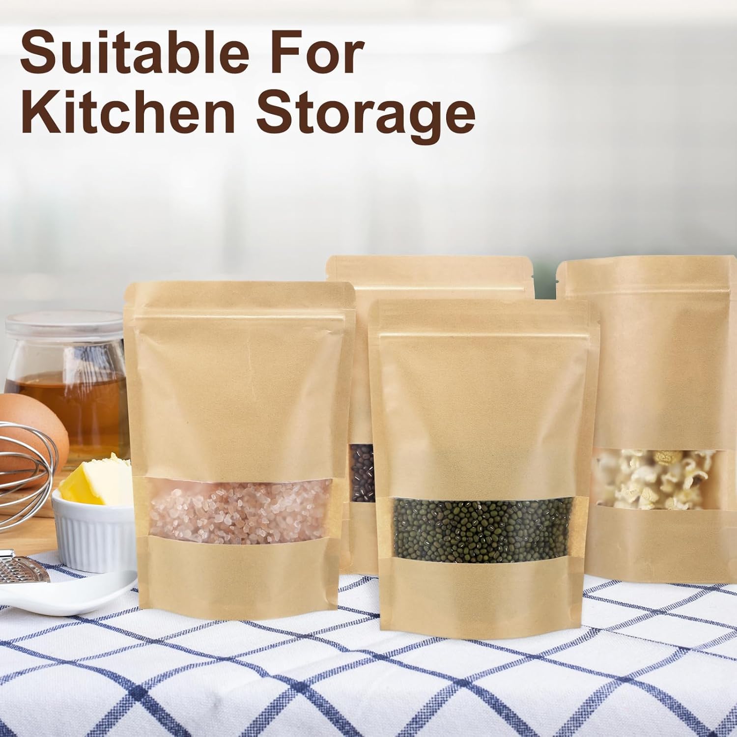 Geosar 300 Pcs Stand up Kraft Pouches with Window 6 x 9 Inch Kraft Paper Sealable Pouches with Notch Heat Sealable Resealable Bags for Small Business, Zipper Food Storage for Packaging, Snacks