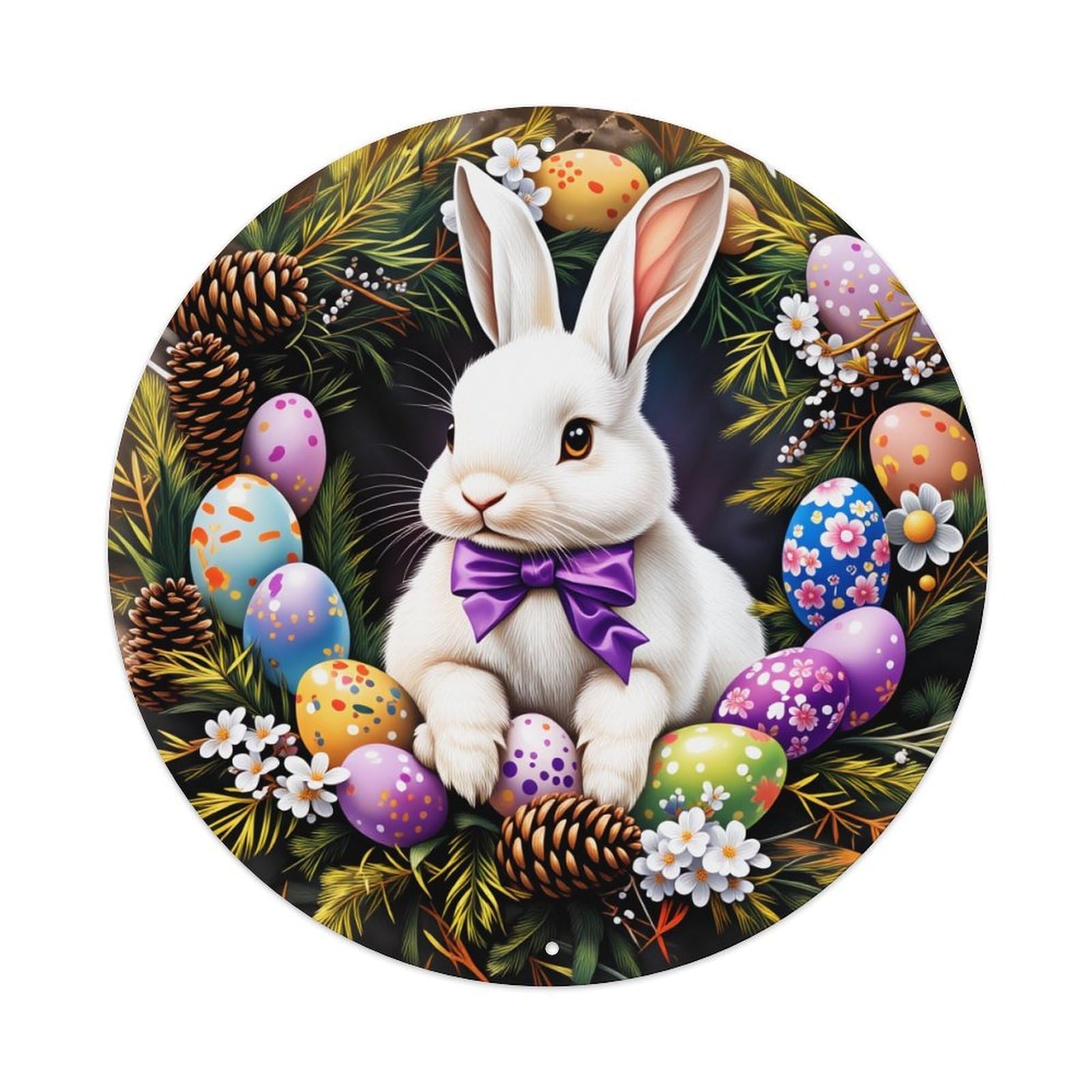 Easter Bunny Eggs Flowers Pinecones Spring Pattern Round Vintage Tin Sign,Retro Wall Art,Metal Poster for Home, Bar, Garage, Cafe, Rustic Indoor & Outdoor Decor, 8x8 Inches