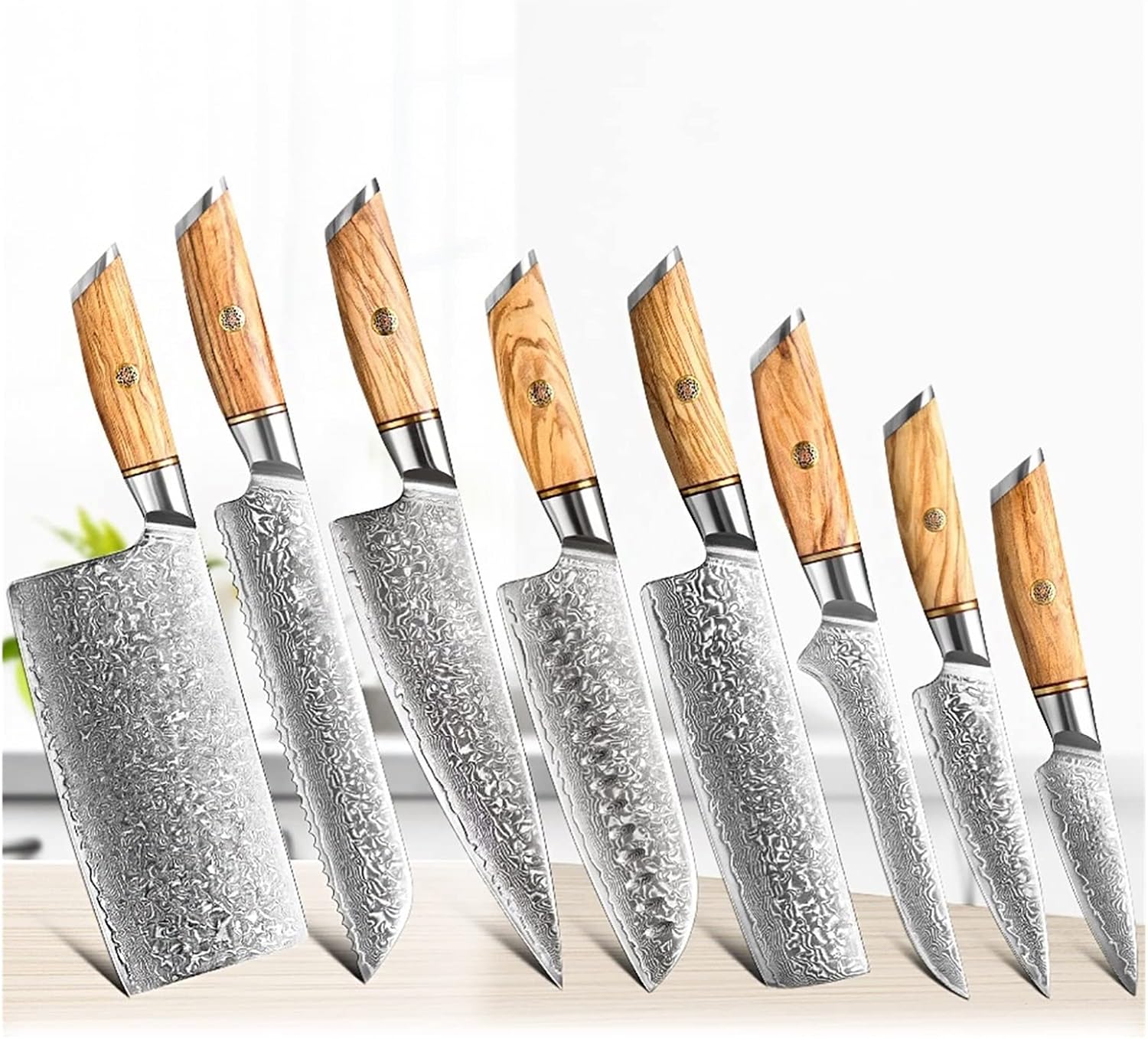 DAXXIN Kitchen Knife Sets, 8PCS Kitchen Knife Set 73 Layers Damascus Steel 15°±1 Per Side Steel Blade with Olive Wood Handle