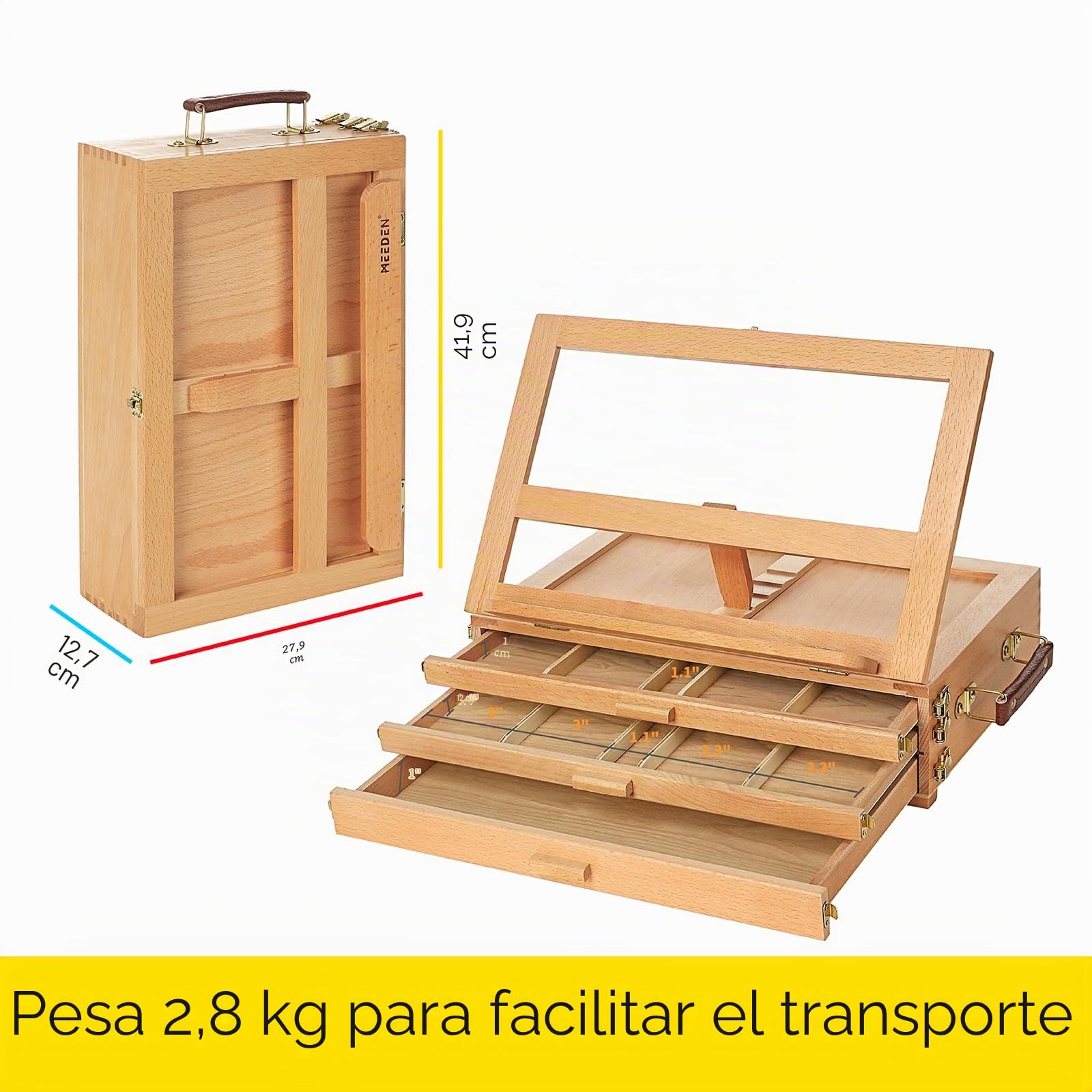 MEEDEN Caballete grande ajustable para mesa de artista, caja de almacenamiento multifunción de madera de haya maciza con 3 cajones para artistas, estudiantes de arte y principiantes