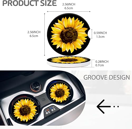 Miniatura 2 de Portavasos para automóvil, elegantes posavasos de cerámica con estampado de girasol, inserto antideslizante con agarre para la punta del dedo,