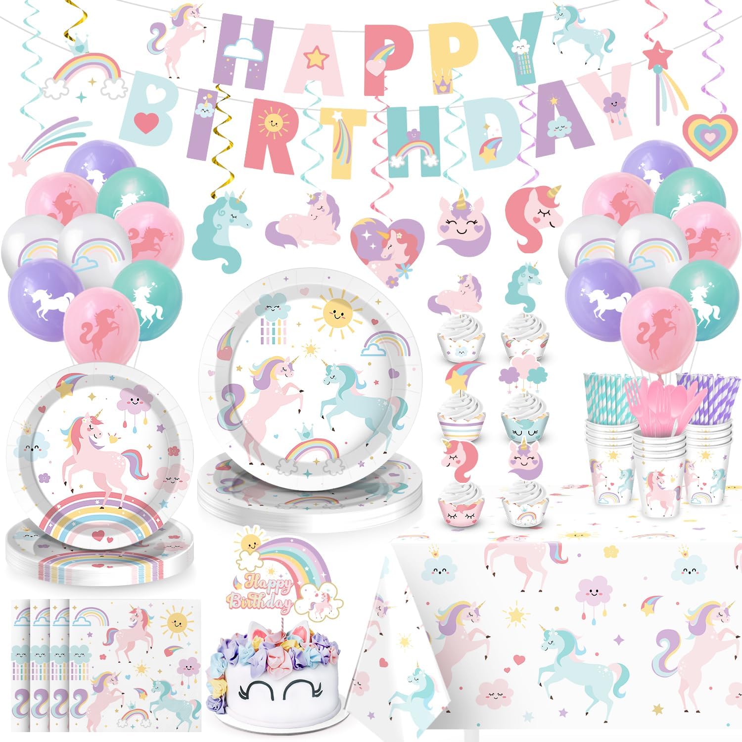 Unicorn Birthday Decorations, Unicorn Party Decorations, Rainbow Birthday Decor for Girls, Includes Plates, Cups, Napkins, Banner, Tablecloths, Balloons, Cupcake&Cake Topper serve 24 Guests