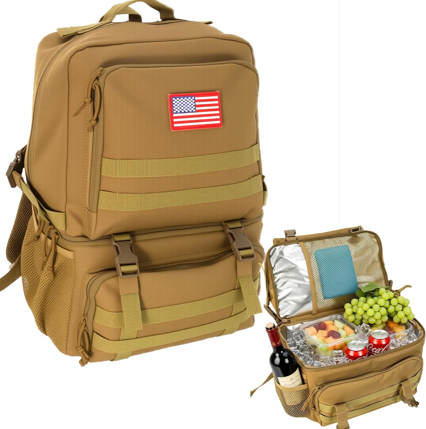 Tactical Cooler Backpack for Men, 41L Insulated Leakproof Lunch Backpack with 16” Laptop Compartment, Heavy Duty Double Deck Soft Cooler Bag for Work, Fishing, Camping, Hiking – Coyote Tan