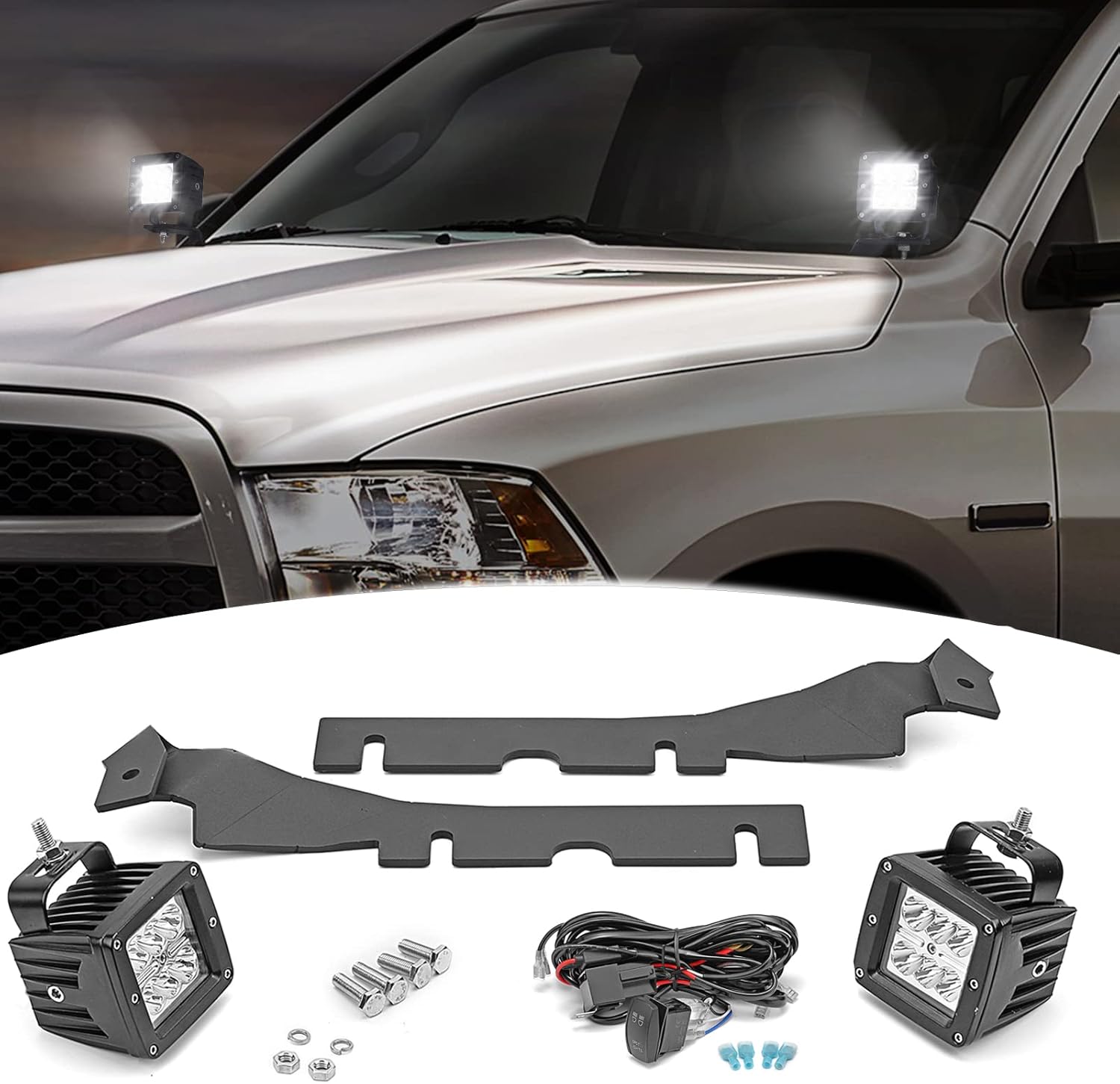 Dasen LED Mount Brackets w/Wiring Kit - 3 Inch 24W LED Cube Lights Side Hood Hinges Mounting Compatible with Dodge RAM 1500 2500 3500 2009-2018