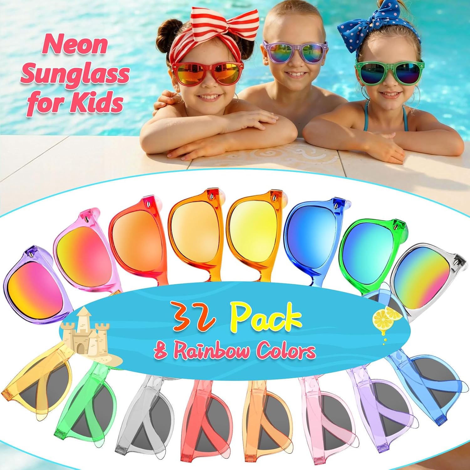 kids sunglasses party favors bulk - 32packs goodie bags stuffers for kids 3-8, boys girls neon sunglass with uv400 protection for kid birthday party, pool party supplies, end of year student gifts 32 packs