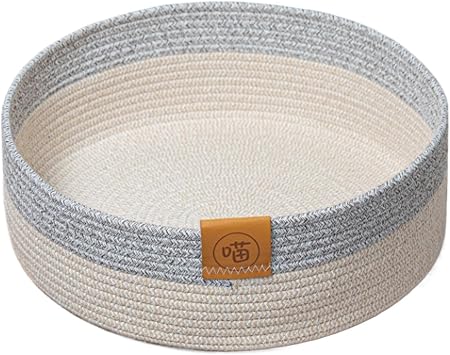 Pet Cat Basket Bed, Cotton Rope Scratcher Nest, Indoor Sleeping Mat, Comfortable Scratching Board, Soft and Cozy, 40cm Diameter, for Cats and Small Pets, Yellow, White