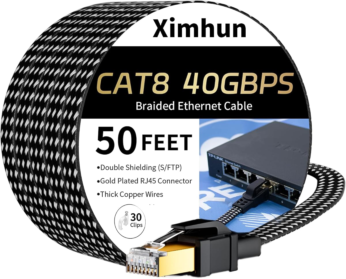 Cat 8 Ethernet Cable 50 FT, High-Speed Internet Cable Network Cord | Nylon Braided,with RJ45 Connector, 40Gbps 2000MHz Heavy Duty LAN Cable Indoor&Outdoor for Modem/Router/Gaming/PC
