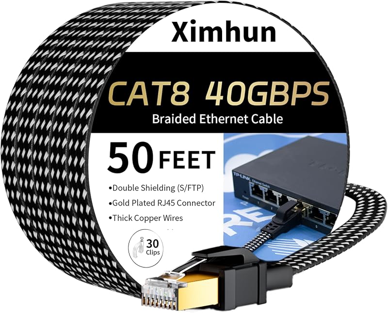 Cat 8 Ethernet Cable 50 FT, High-Speed Internet Cable Network Cord | Nylon Braided,with RJ45 Connector, 40Gbps 2000MHz Heavy Duty LAN Cable Indoor&Outdoor for Modem/Router/Gaming/PC