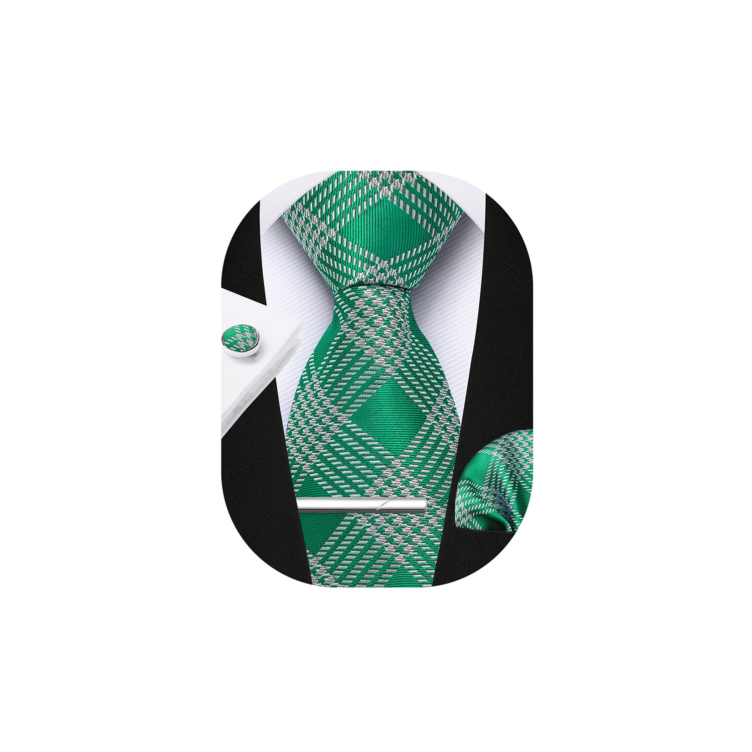 HISDERNPlaid Ties for Men Classic Checkered Tie and Pocket Square Cufflinks Tie Clip Set Woven Men's Necktie Business