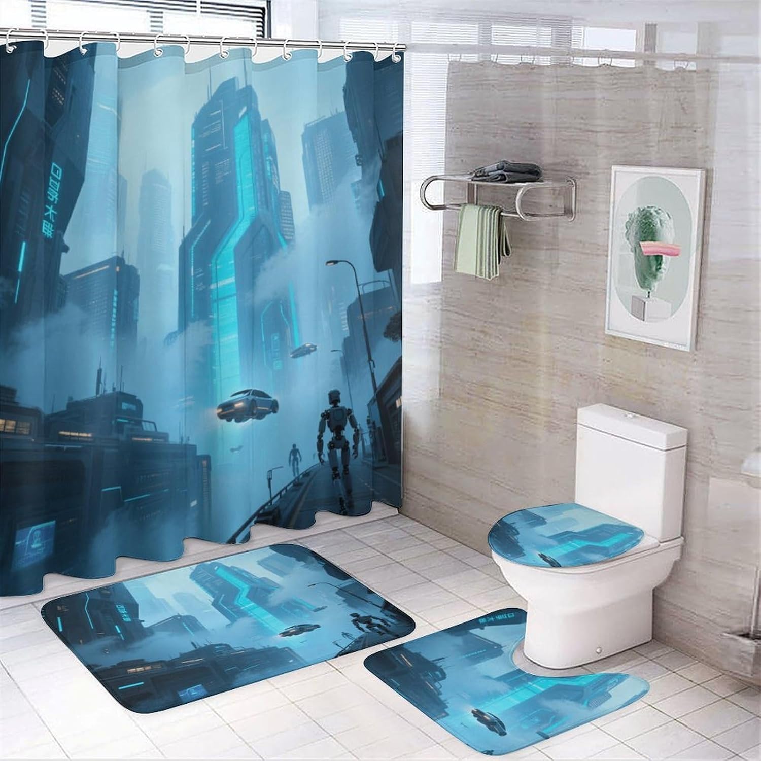 Future City Bath Rug Set 4 Piece,Bathroom Accessories Set-Toilet Rugs U Shaped,Toilet Lid Cover,Shower Curtain and Rugs,Ultra Soft, Absorbent,Home Decor