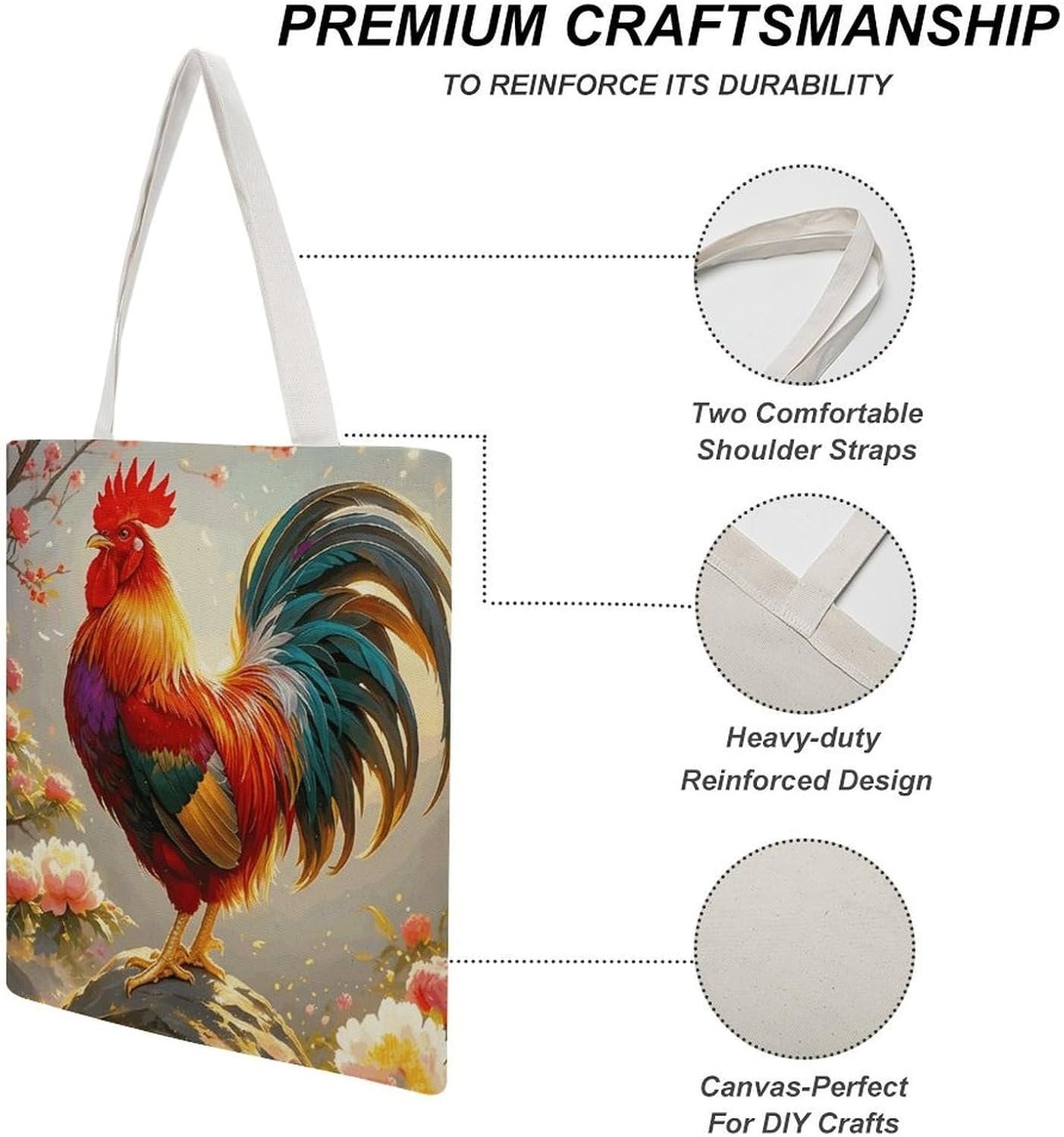 Rooster Under The Flowers Canvas Tote Bag Reusable Grocery Bags Foldable Soft Cotton Shoulder Carry Bag