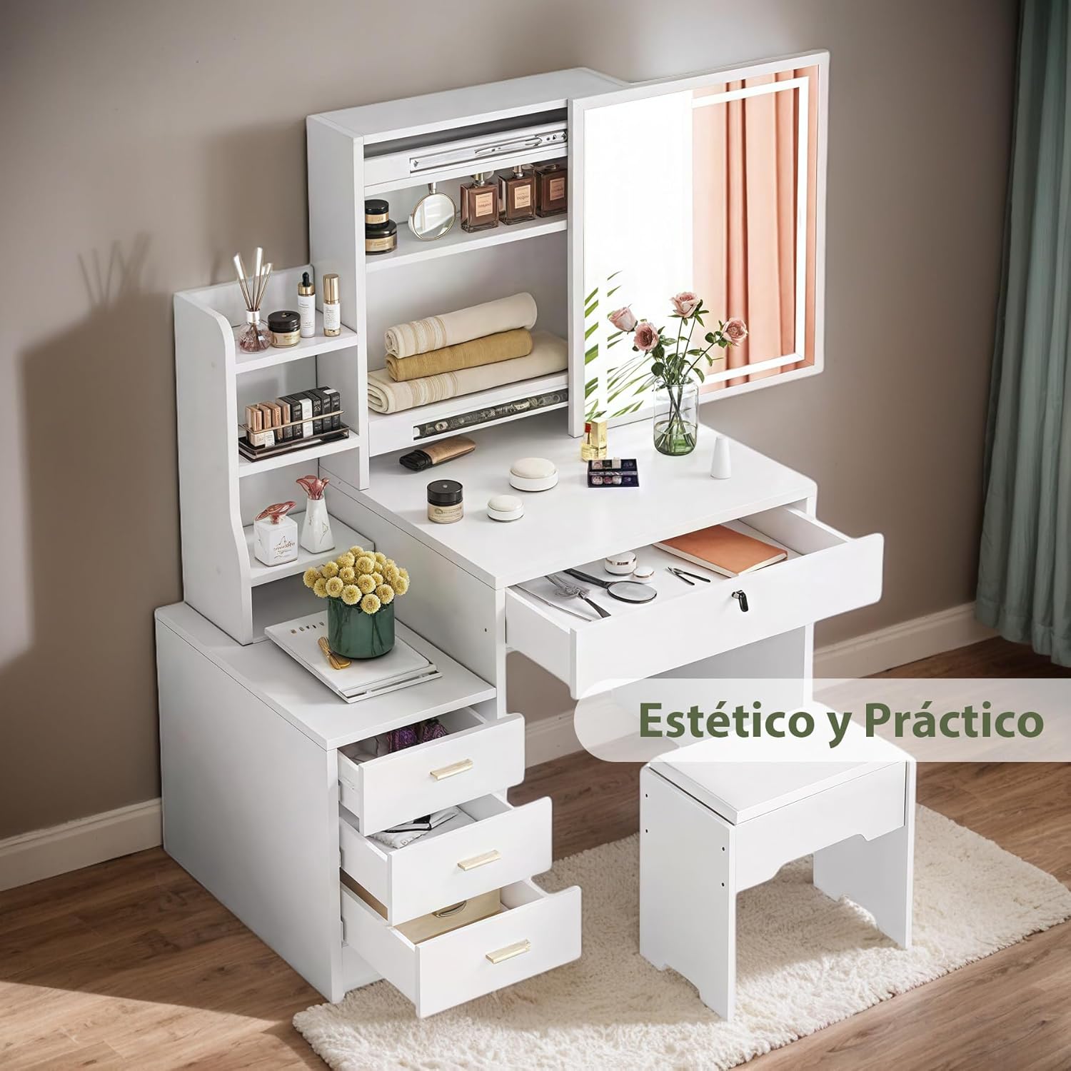 TRIUMPHKEY Vanity with Mirror LED Light Makeup Cabinet and Stool