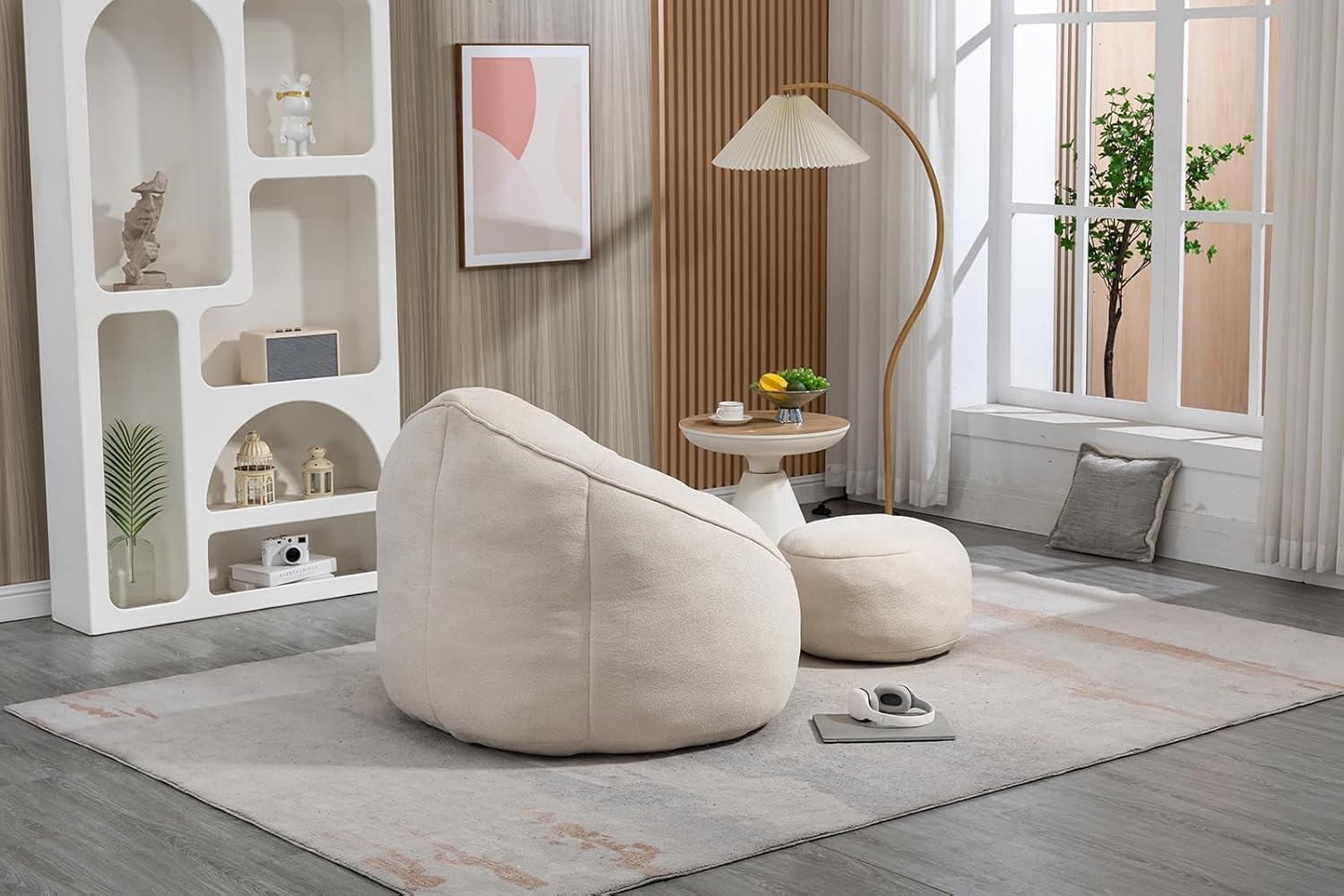 Bean Bag Chair with Ottoman, Comfy Beanbag Chair for Adults with Memory Foam Filler, Lazy Bean Bag Sofa with Stool, Cozy Lounge Chair for Teens and Kids to Reading, Gaming and Watching TV (Beige)