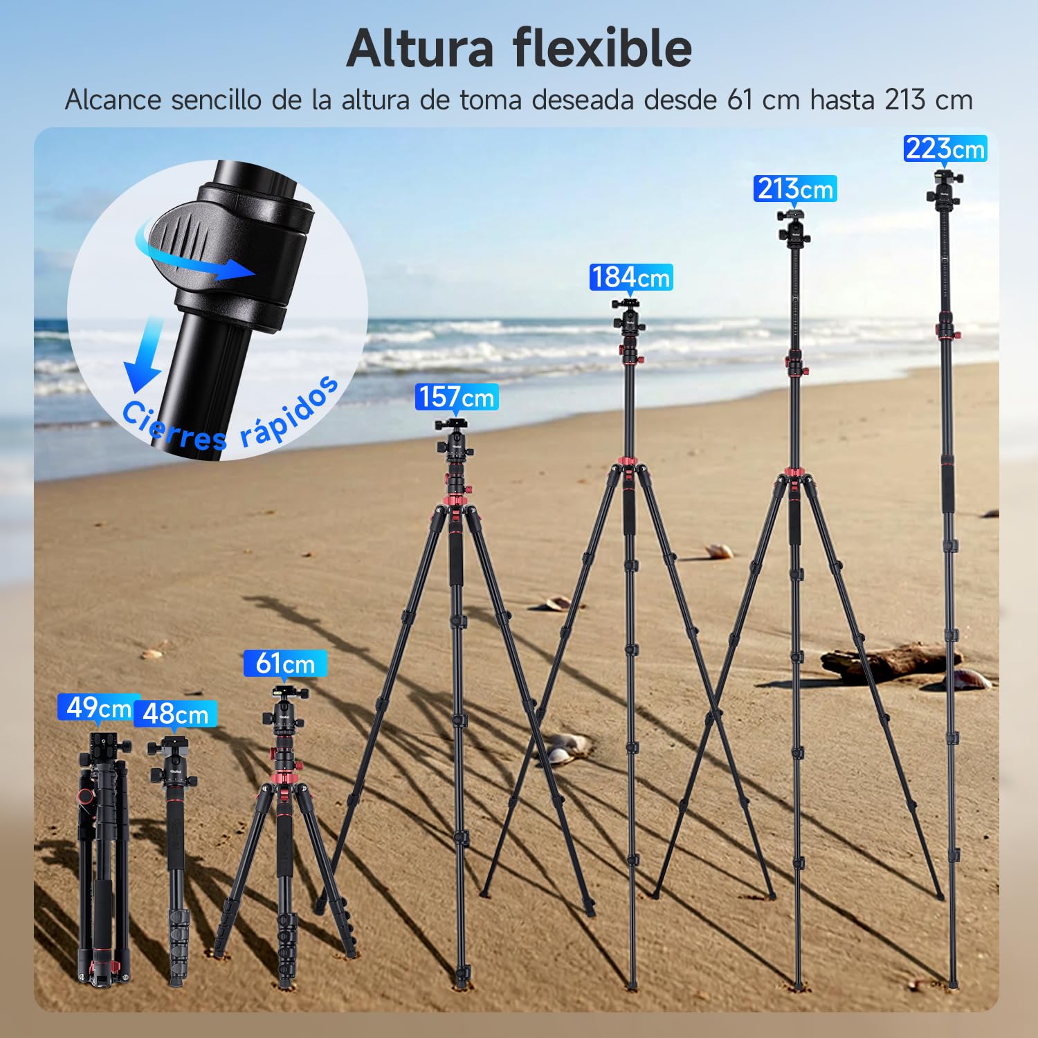 Rollei Tripode Camara 213cm con Brazo Extensible de Aluminio | Trípode Compact Traveler No.2 XL Photo con Rótula de 360° y Función de Monopié 5kg Carga Tripod con Soporte para Móvil